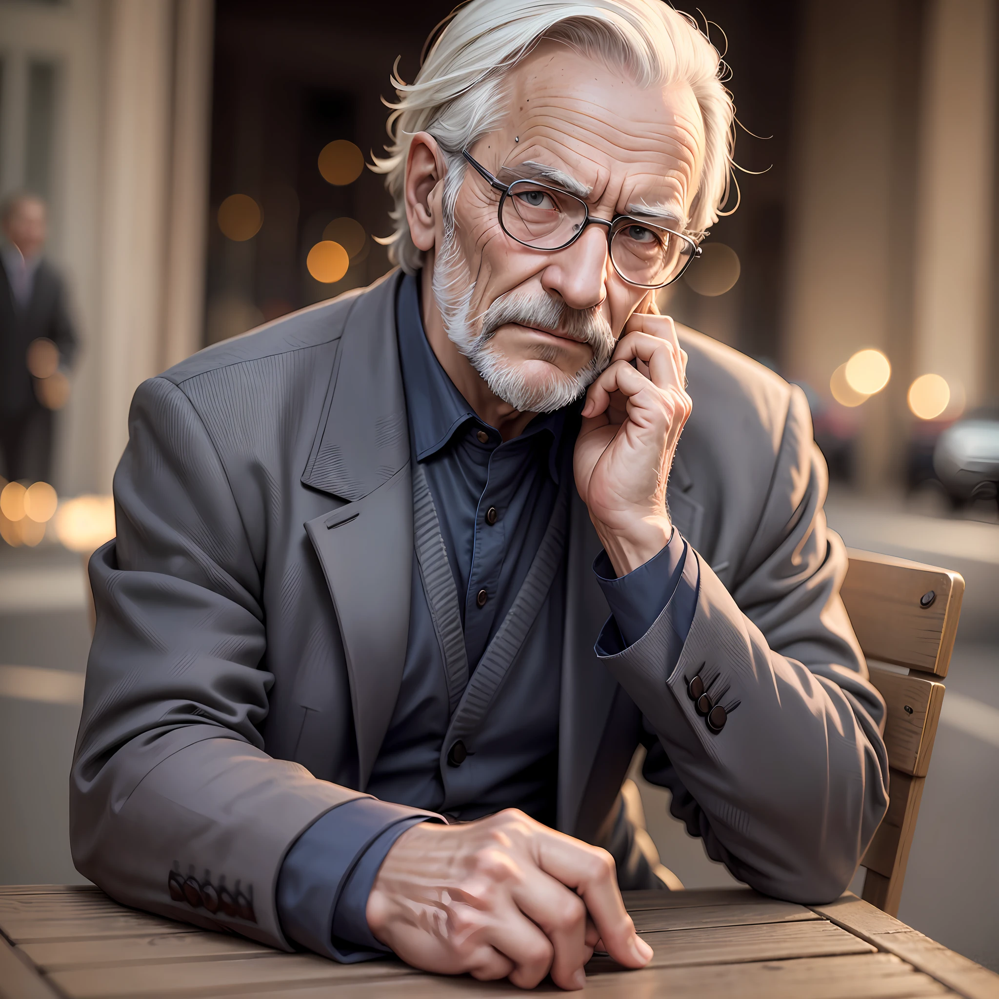 a gentleman sitting in a square, aged face, wrinkles, thoughtful countenance, photography style, FHD, 4k, dusk, 3:2 --auto --s2