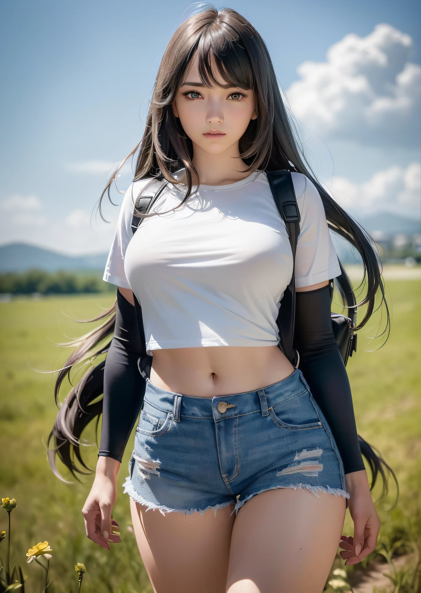 (Vast sky, beautiful skyline, large grassland: 1.2+ intense and dramatic graphics, moving visuals: 1.3+ hanging North Star, colorful natural light: 1.3), (t-shirt, (1 21 yo Russian girl), denim shorts, backpack: 0.8), (back, dynamic), (detailed character modeling: 1.2, natural skin tone, delicate texture), (beautiful girl, dynamic posture, confident posture: 0.2+ long hair flowing (black hair: 0.9+ blonde hair: 1.2), with femininity and temperament: 1.3+ beautiful face, witty and cute expressions and eyes), (large grassland in the background) + (rendering of natural light, light and shadow: 1.3), (shooting angle, long lens, light illumination,(8K, RAW, professional, best quality, masterpiece:1.2), (realistic,photorealistic:1.37), ultra-detailed, (portrait), (highest detailed skin:1.2), (highest detailed face:1.2), cinematic lighting, 1girl, --auto --s2