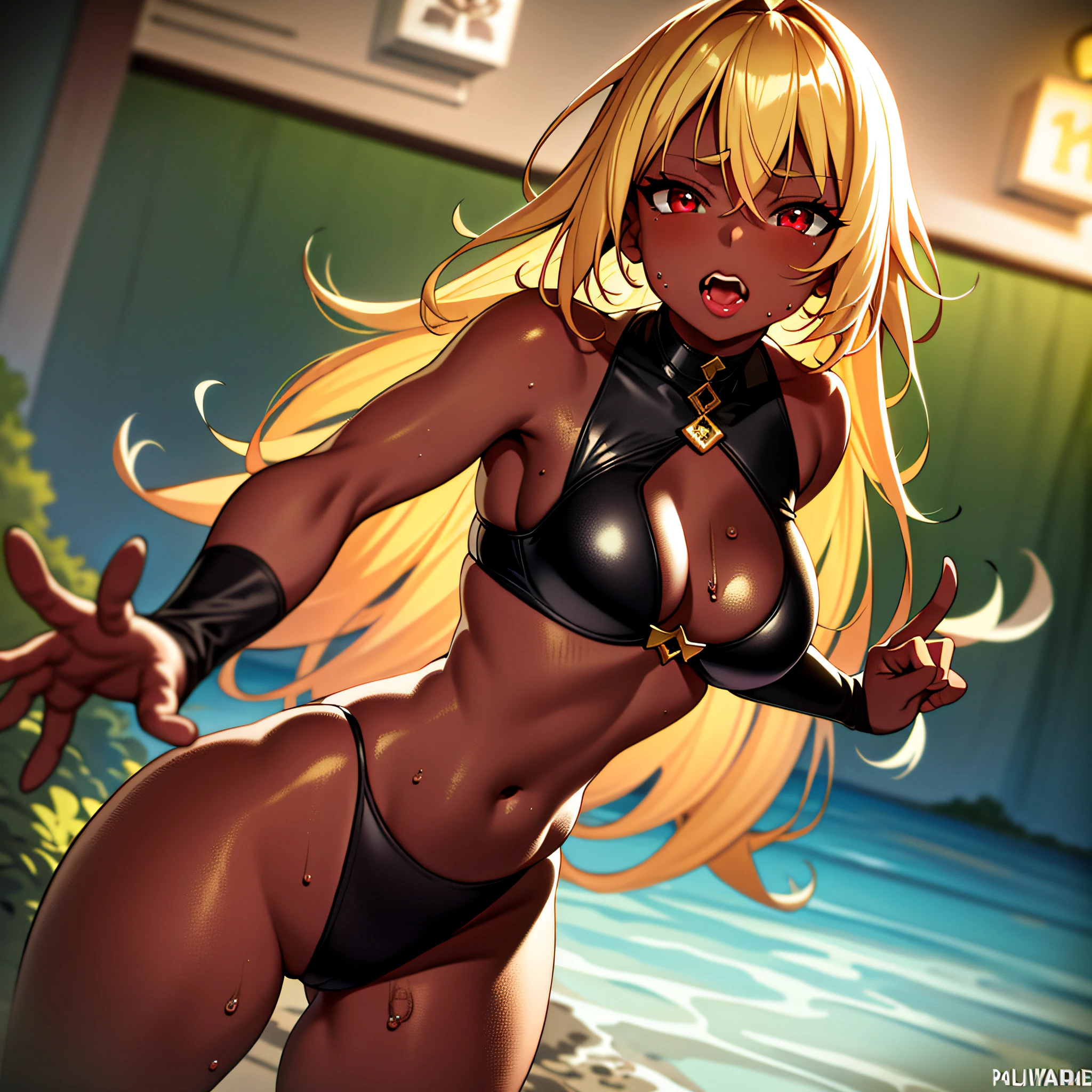 ((masterpiece)), (best quality), (detailed), (1 girl), medium breasts, no clothes, looking at viewer, beautiful red eyes, sweaty, dark brown skin,
tounge, open mouth, saliva tounge, detail mouth, long tounge, large tounge, wet body, thick lips, teeth, close to the camera, ahegao, brown skin, large mouth, beautiful gold hair, palatine uvula