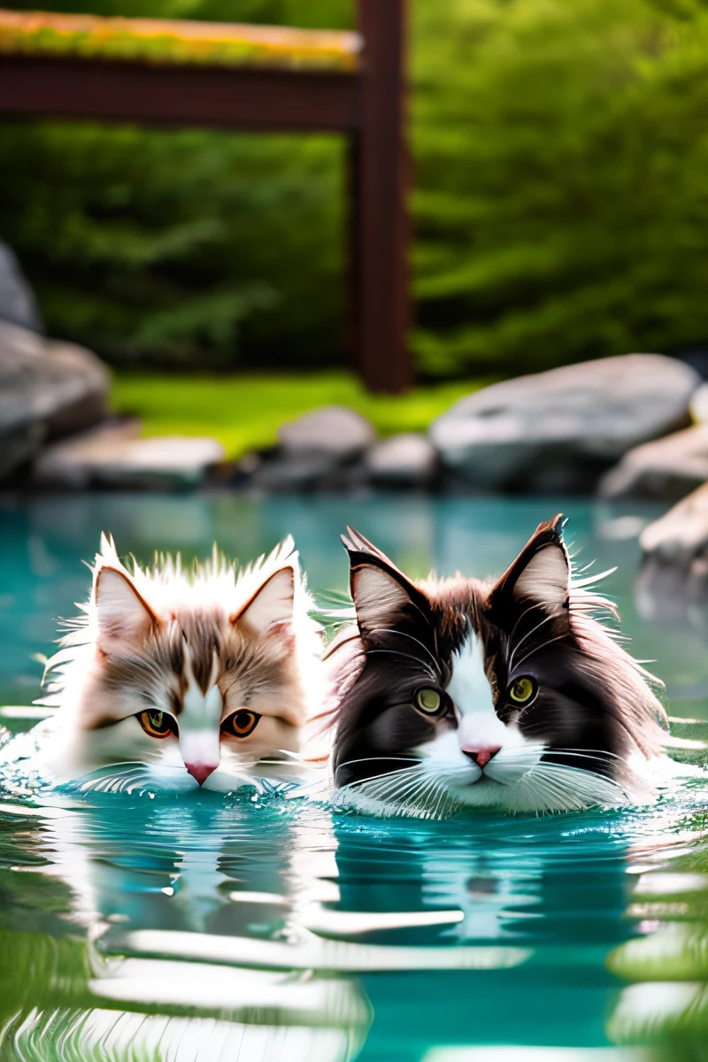 swimming cute two Norwegian Forest cats pool