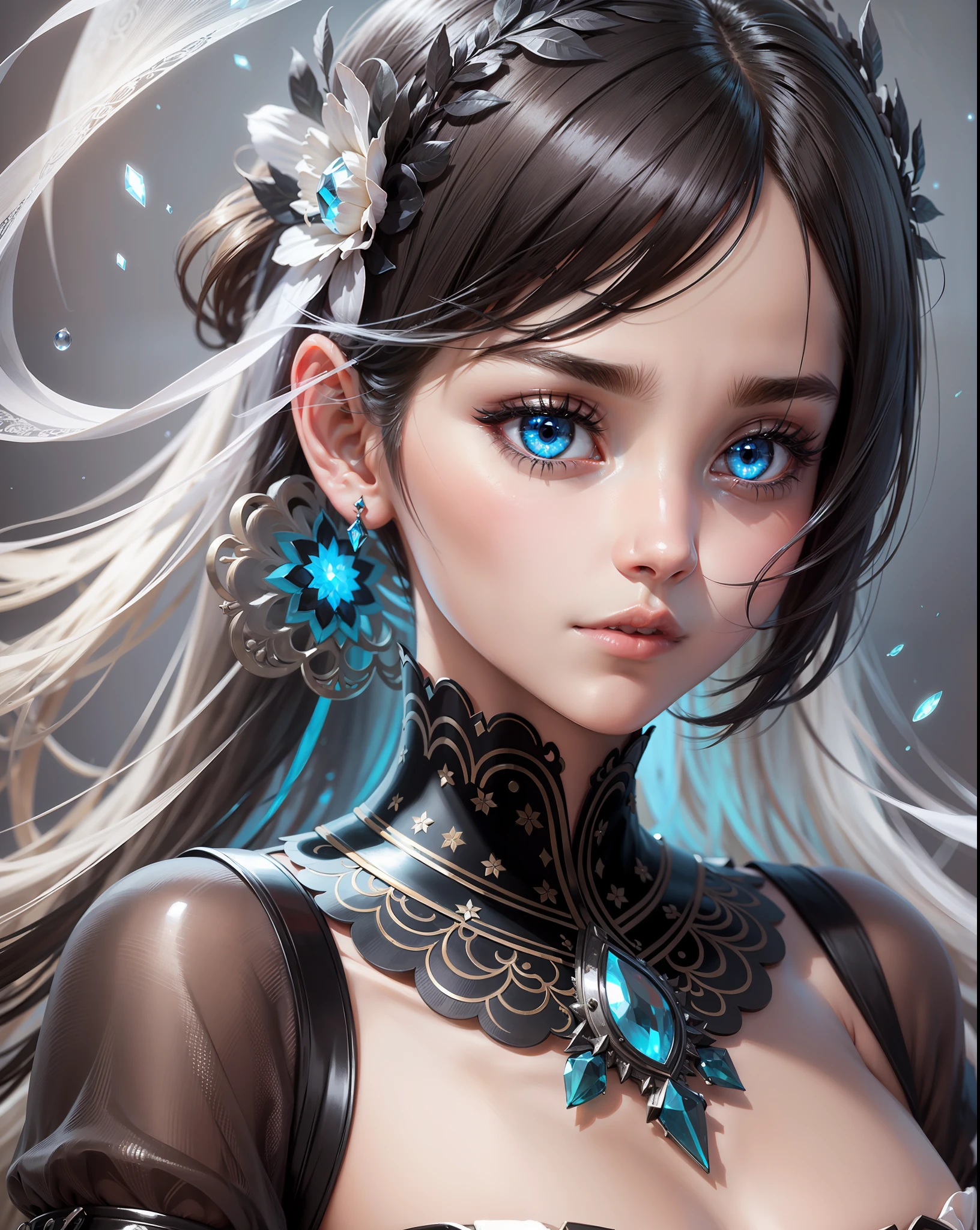 Illumination bioluminescence, highly & extremely detailed low-cut white dress (masterpiece), realistic, (portrait of a girl), beautiful face, beautiful woman, beautiful eyes, perfect anatomy, very cute, princess eyes, (eyes black), (frame head), centered, 8k resolution, elegant, approaching perfection, concept art, soft , her body is symmetrical and balanced, incredibly beautiful, short black detailed hairstyle with bangs