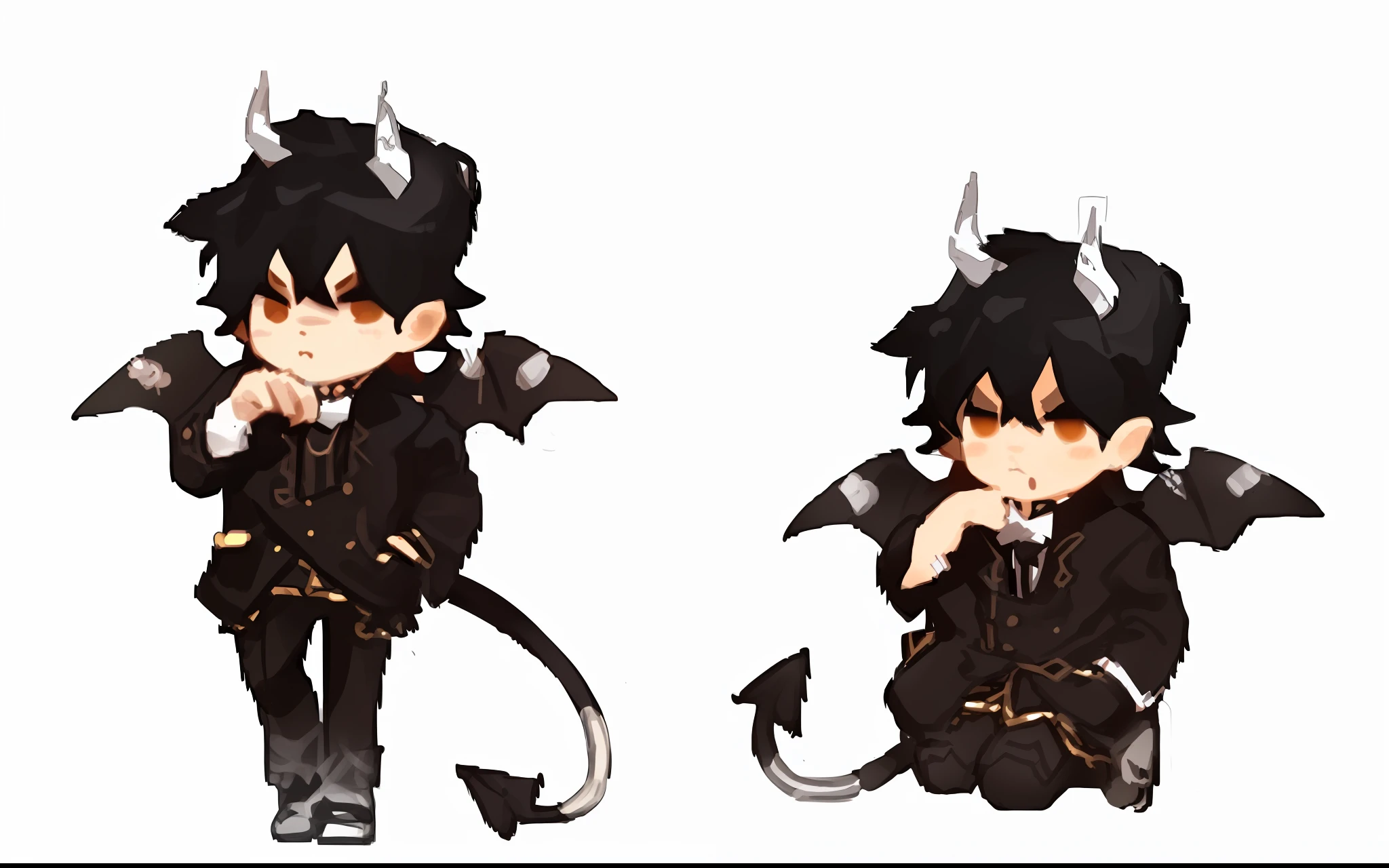 a closeup of an improved image, a person with horns, , demon dream dapper, full body sprite, inspired by Okumura Masanobu, demon, cute japanese demon boy, demon boy, with black horns instead of ears, maplestory mouse, sprite visual novel, male demon, emo boy with cat ears and tail, demon mika kurai