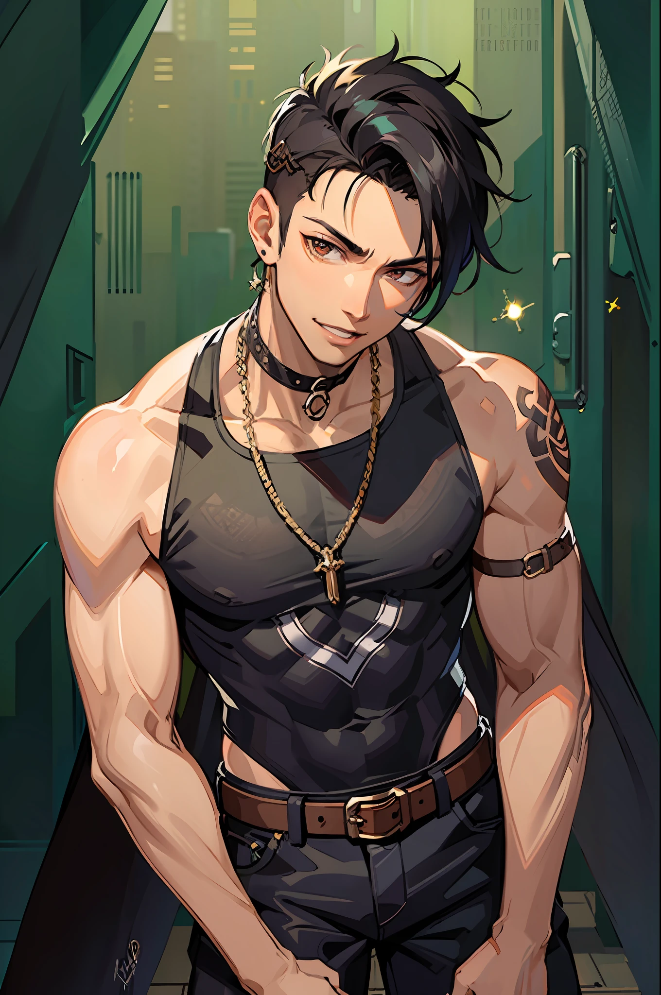 (masterpiece, best quality:1.2), cowboy shot, solo, male focus, 1boy, 16 years old, light dark skin, low fade hair, black hair, brown eyes, evil smile, sleeveless shirt, tattoo on the arm, cap