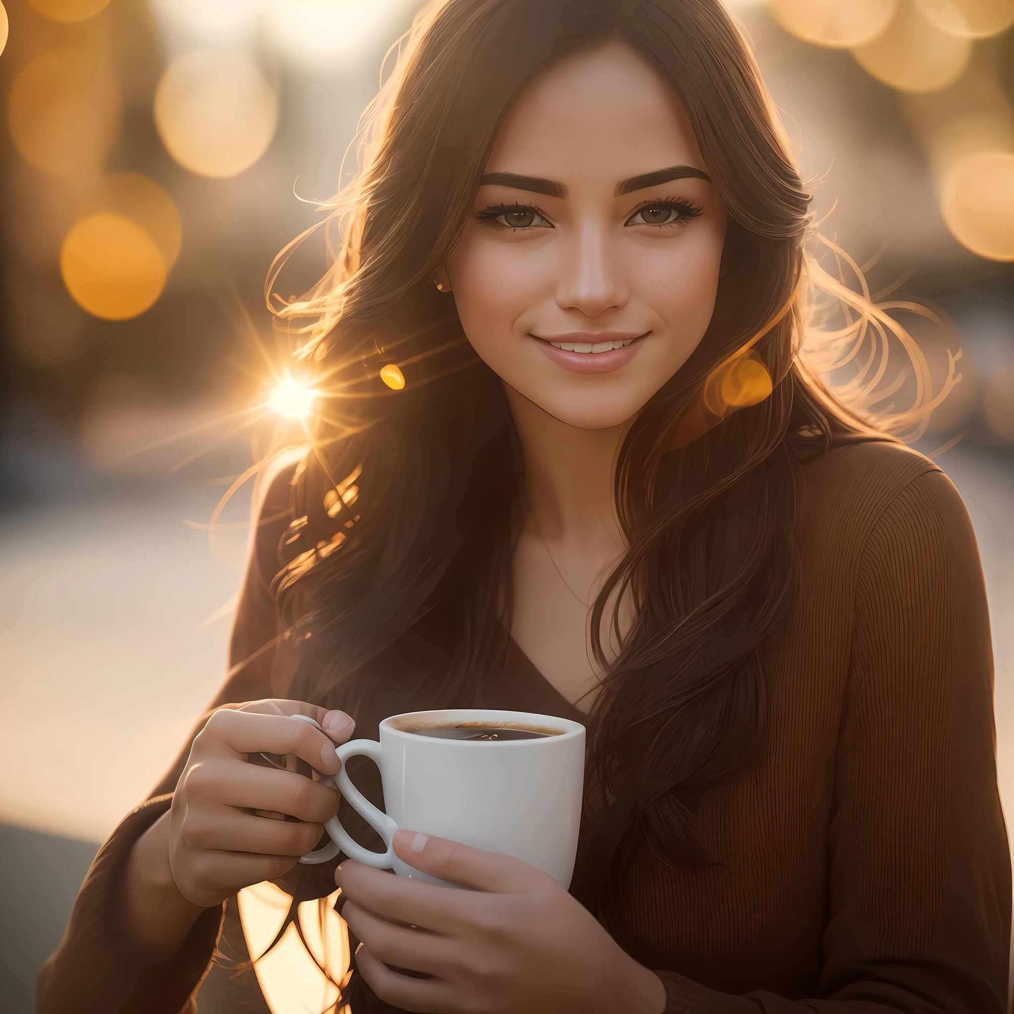 Editorial photograph, cinematic photo of a beautiful and gorgeous woman having a cup coffee in the early morning, canon eos 600d, fujifilm warm colours, golden hour, lens flare. Ultra high resolution uhd 8k, hyper-realistic, extremely detailed. --auto --s2