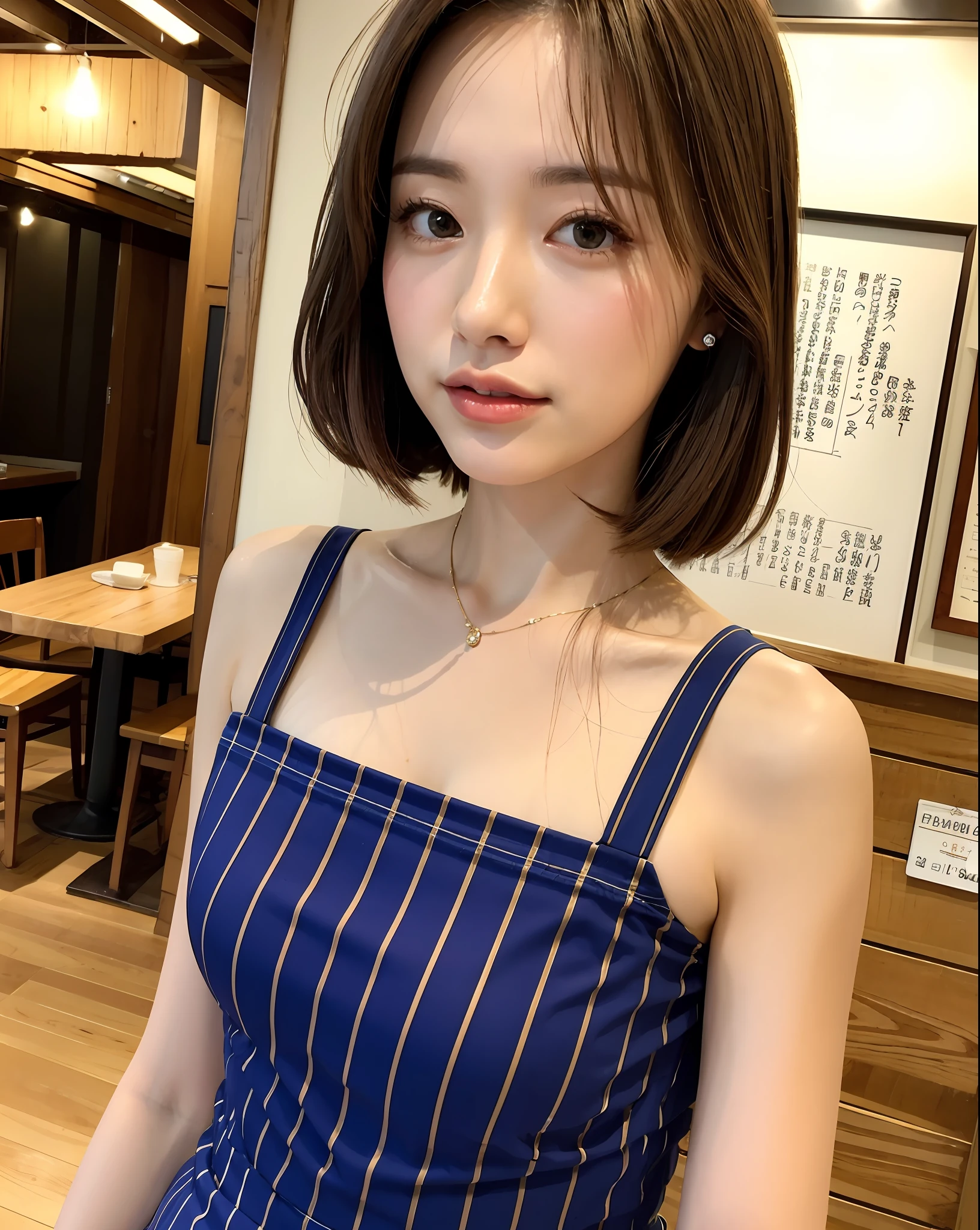 close up of 1 female, 35mm masterpiece, casual dress, wooden cafe, Tokyo