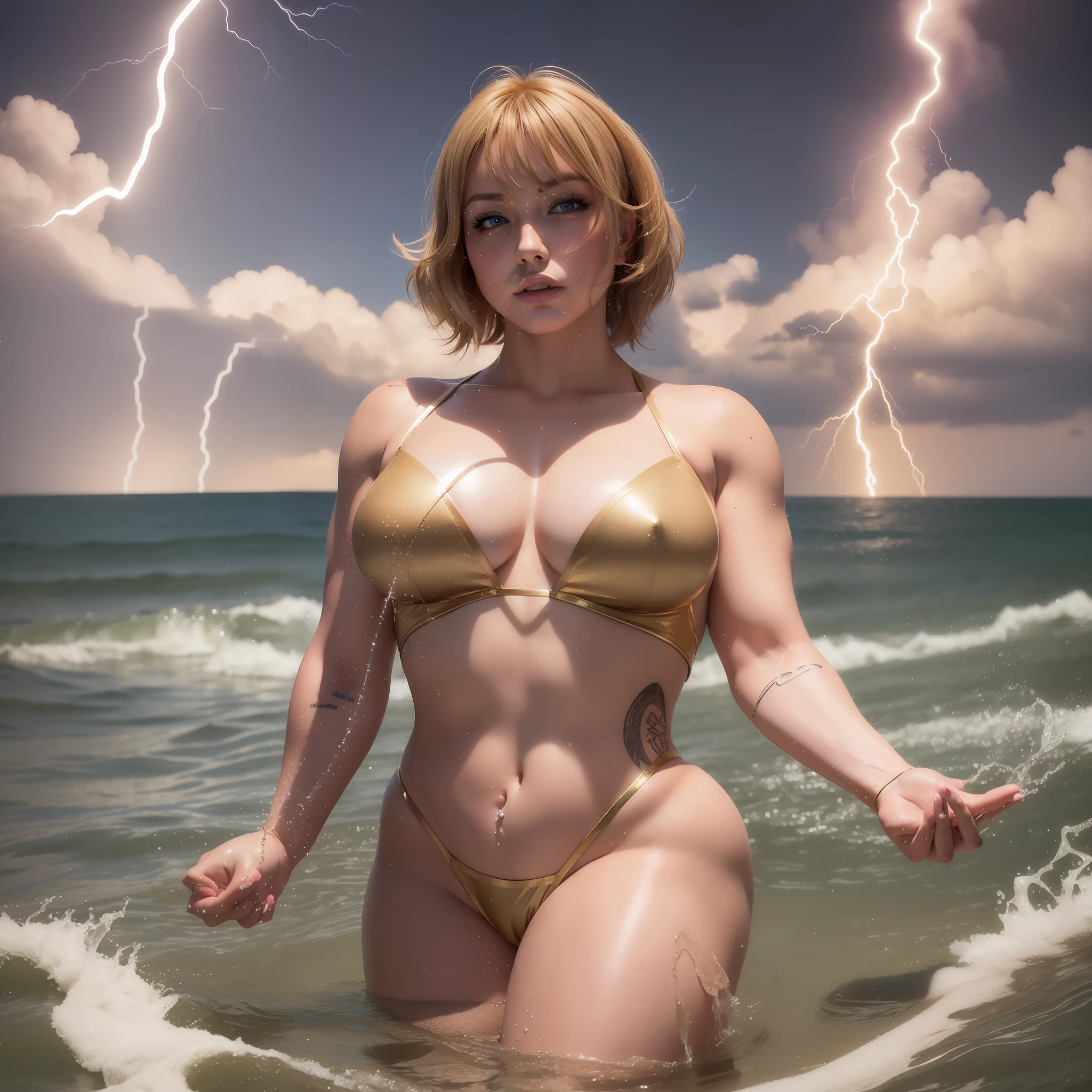 Muscular blonde woman with short hair with large breasts detailed large thighs detailed voluptuous wearing golden lingerie with thunder powers facing standing in the water with lightning sticking out of her eyes