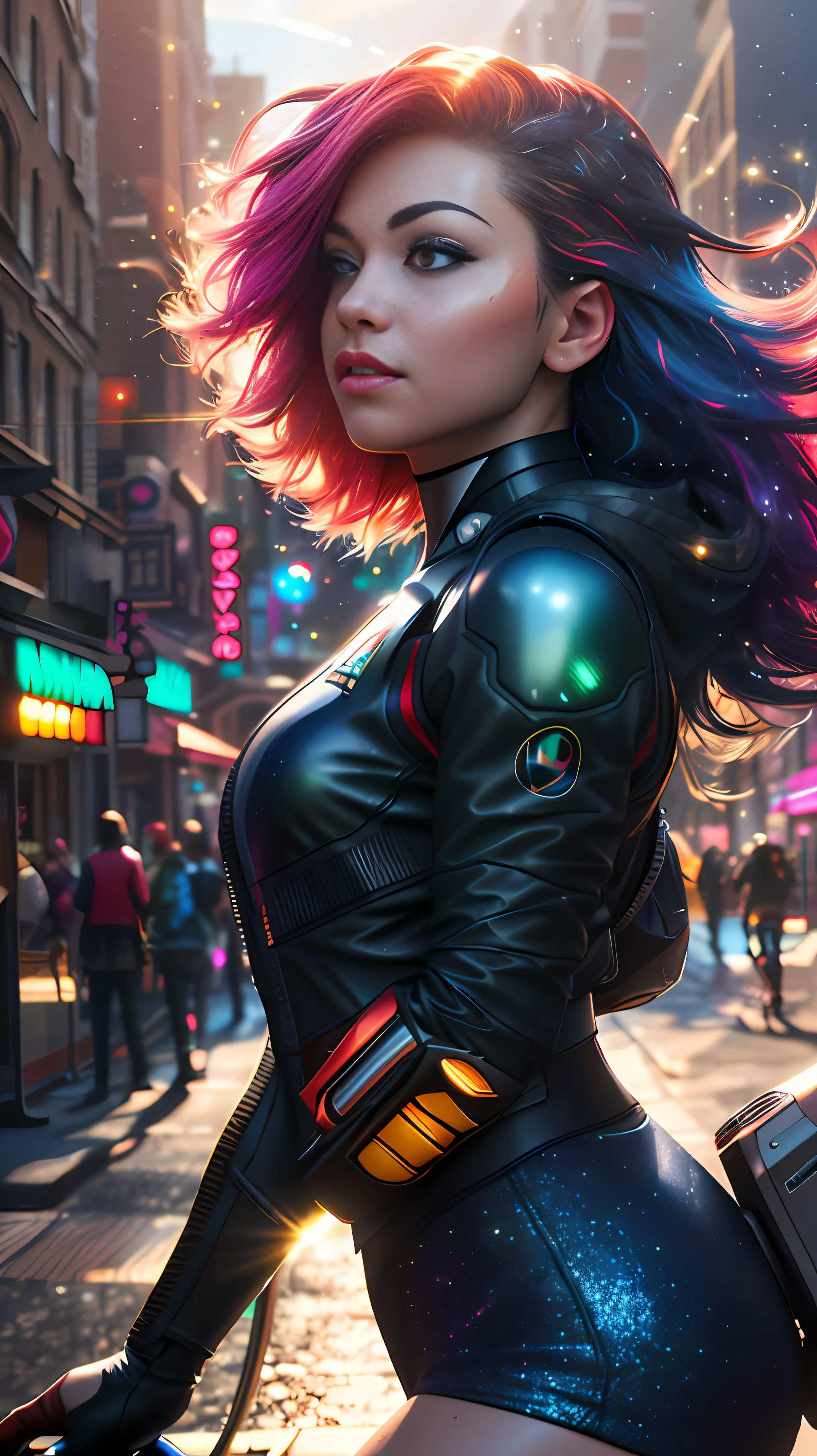 (level difference: 1.8),(depth of field),1the girl's side face blends into it,((side face)),mouth open,(rainbow hair:1.1) defies gravity, thick flow, ( rays of light, incredibly beautiful, masterpiece, detailed background, high-quality model, cyberpunk background, abstract beauty, explosive volumetric, oil painting, heavy brushstrokes, romantic lighting, sub-surface dispersion, 135 mm lens, f1. 8, glitter, 8k, high resolution, dreamy, ray tracing, hdr, divine rays,