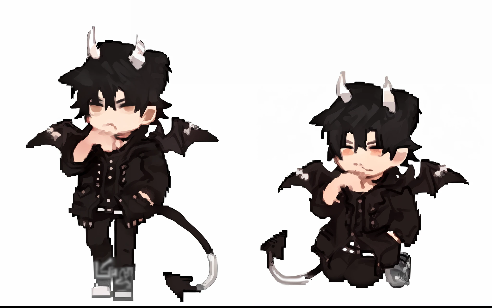 a closeup of an improved image, a person with horns, , demon dream dapper, full body sprite, inspired by Okumura Masanobu, demon, cute japanese demon boy, demon boy, with black horns instead of ears, maplestory mouse, sprite visual novel, male demon, emo boy with cat ears and tail, demon mika kurai