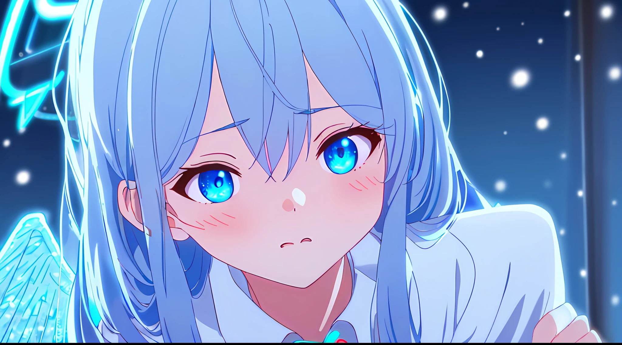 (sunaookami shiroko:1.2), {{{{masterpiece, realistic, extremely detailed, intricate details, soft focus, 8K, highres, depth of field, absurdres, high quality facial shadowing, dynamic shadowing, cinematic lighting, perfect lighting, soft lighting, blurry foreground, lens flare}}}}, best quality, beautiful young girl, (high school girl:1.2), (detailed neon angel halo:1.4), bright blue double halo, (beautiful-detailed hair:1.3), dark silver hair, luscious curly hair, (hair splayed out:1.2), (detailed eyes:1.2), glowing bright blue eyes, silver cat ears, (detailed facial expression:1.1), shy, slightly open mouth, detailed red blush, shy hand gesture, mistletoe hair ornament, glowing blue cross necklace with wings, fluffy white winter overcoat, winter night, (enhanced background:1.4), snow falling at midnight with clear skies overhead, snow on sidewalks with Christmas lights on tree's surrounded the viewer, (cowboy shot:1.1), hazy photo, (warm photo:1.3)