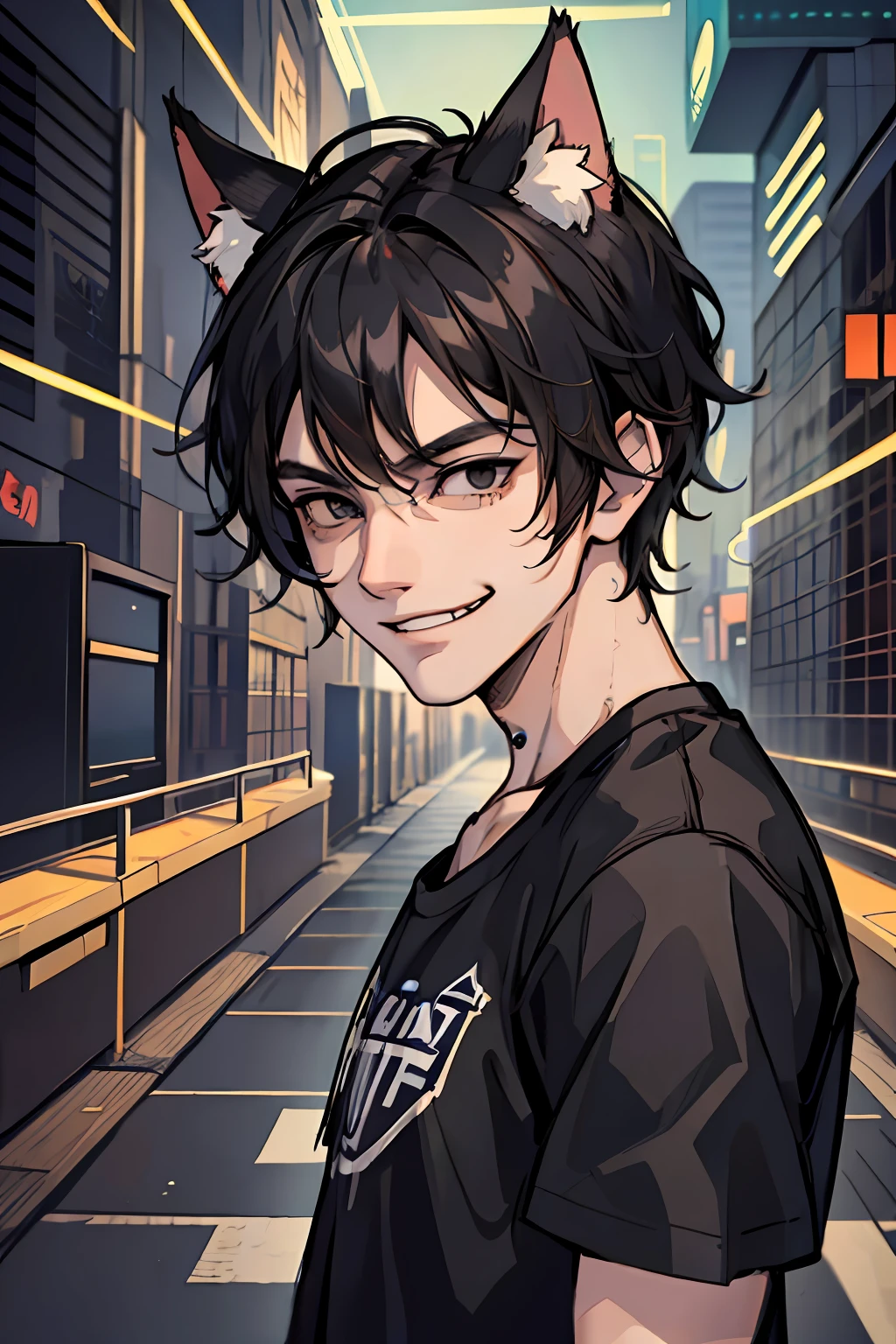 (masterpiece, best quality), 1 male, teen, cat ears, cat tail, athletic body, black eyes, messy black hair, evil smile, black shirt