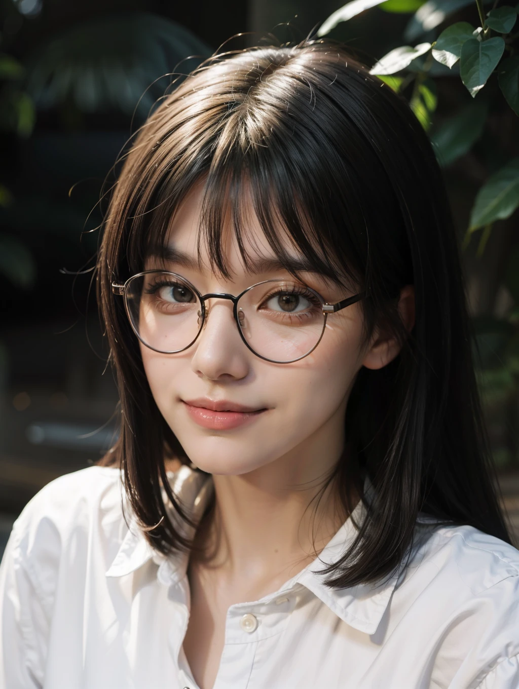 Best quality, masterpiece, super high resolution, wearing glasses, (smirk: 1.2), (BOBO head: 1.3), (waist up: 1.3), (film grain: 1.4), digital photography, bangs, cinematic lighting, (Fuji: 1.2), portrait, clear pores, 1 girl, looking at the viewer, simple background (realistic: 1.2), natural light, outdoors