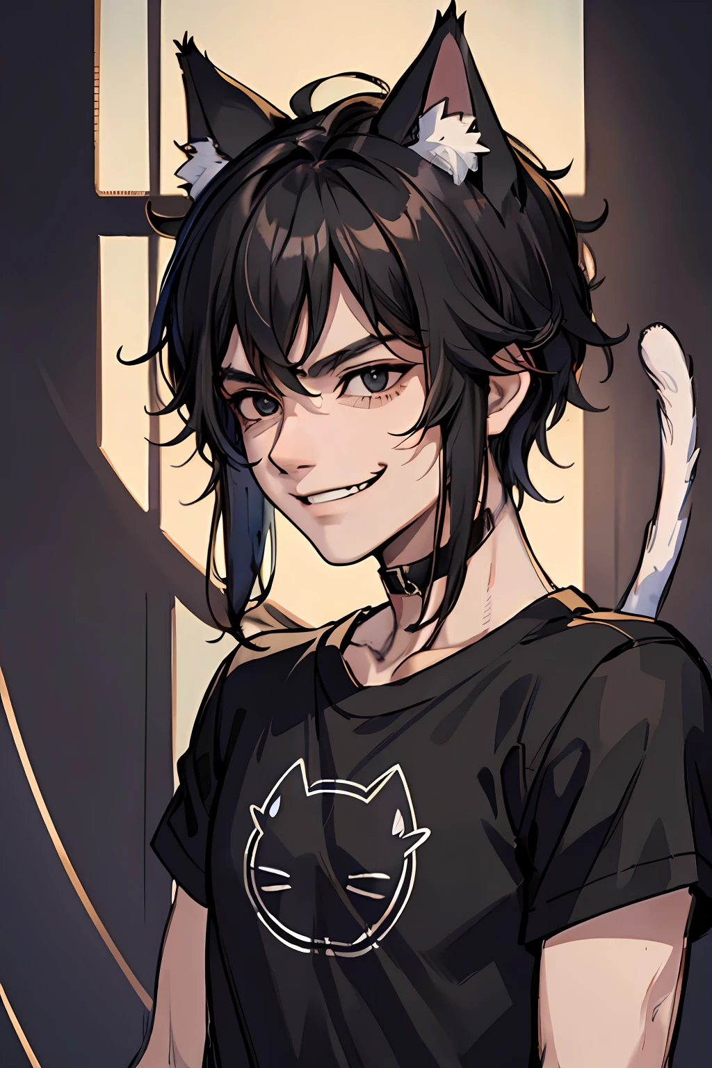 (masterpiece, best quality), 1 male, , cat ears, cat tail, athletic body, black eyes, messy black hair, evil smile, black shirt