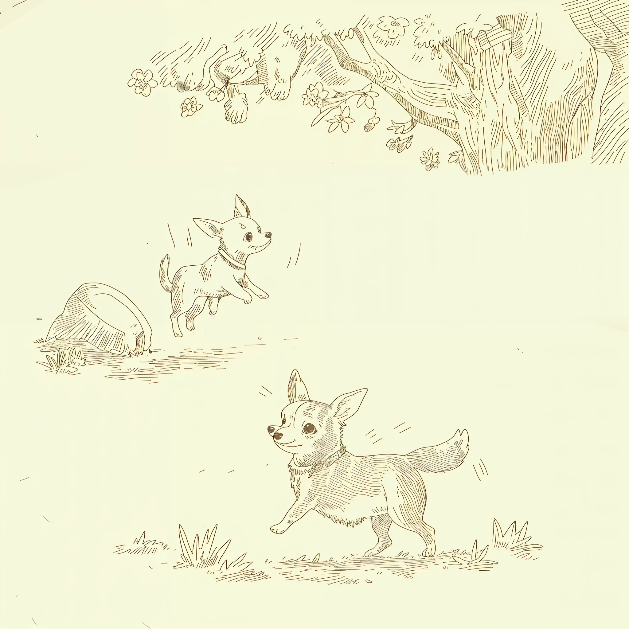 1 cute chihuahua dog running in forest with trees and flowers, (masterpiece, best quality: 1.1), (sketch: 1.1), paper,