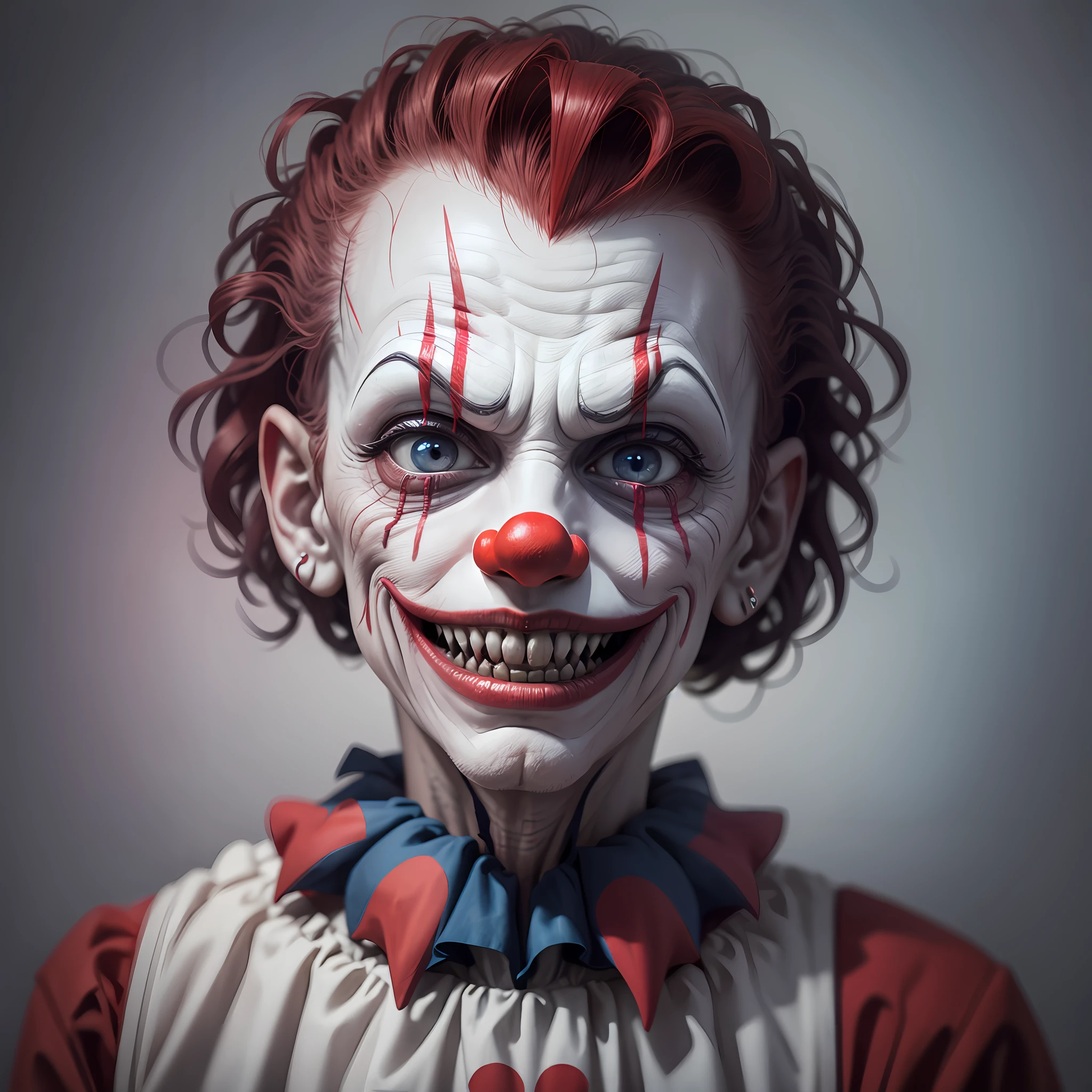 a creepy clown, pointed teeth, disfigured face, ultra realistic, photography, HD, 4k, horror style --auto --s2