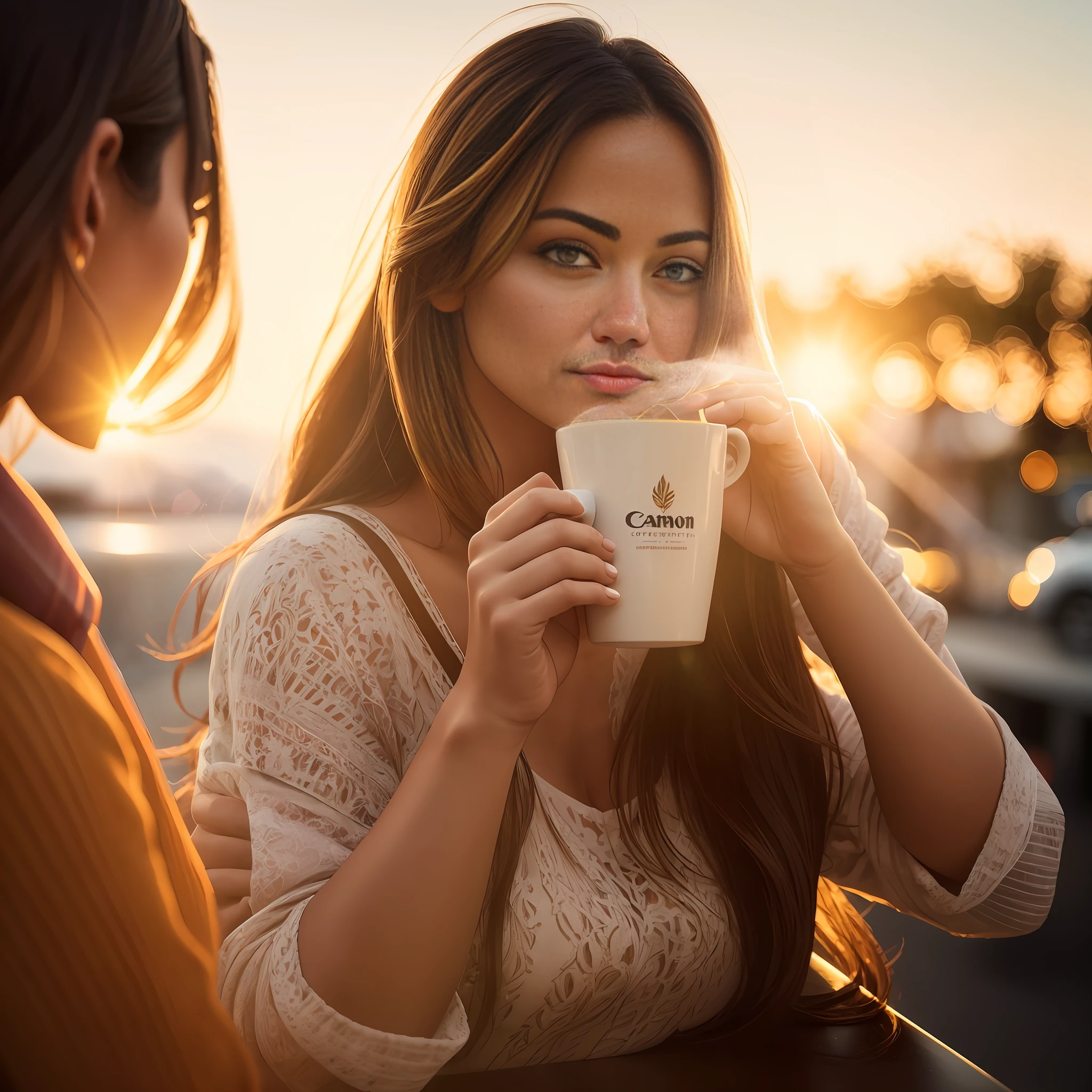 Editorial photograph, cinematic photo of a beautiful and gorgeous woman having a cup coffee in the early morning, canon eos 600d, fujifilm warm colours, golden hour, lens flare. Ultra high resolution uhd 8k, hyper-realistic, extremely detailed. --auto --s2