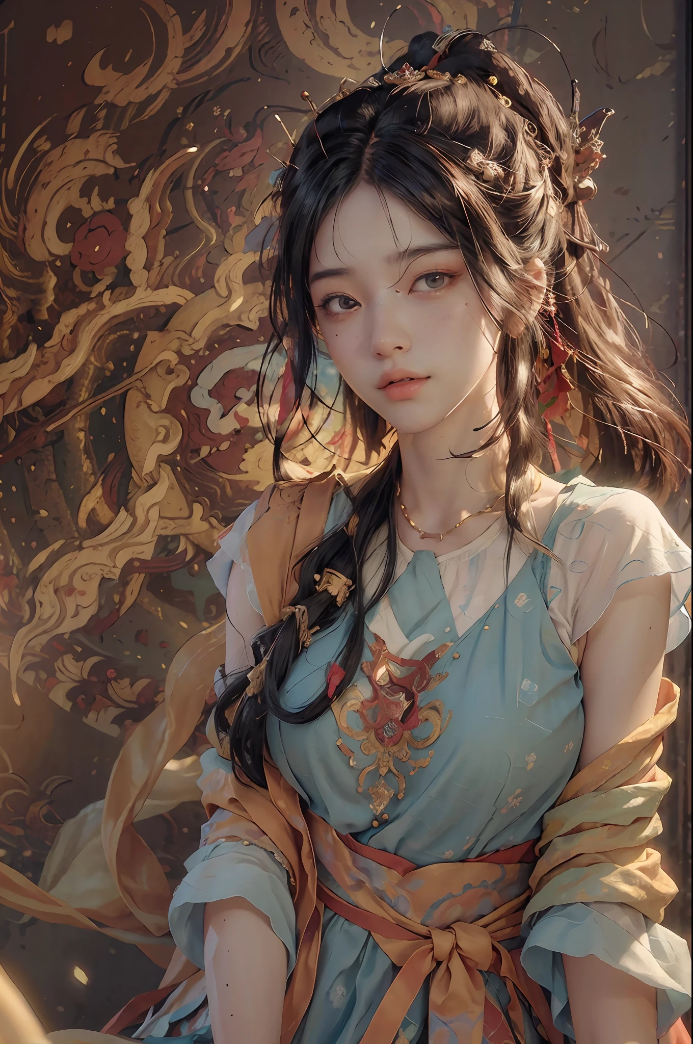 (RAW photo, best quality), (realistic, photo-realistic:1.3),best quality,highly detailed,masterpiece,ultra-detailed,illustration,1girl,upper_body,dynamic angle,world masterpiece theater,messy_long_hair,best quality,extremely detailed CG unity 8k wallpaper,ink,Amazing,cinematic lighting,lens_flare, dunhuang_style
