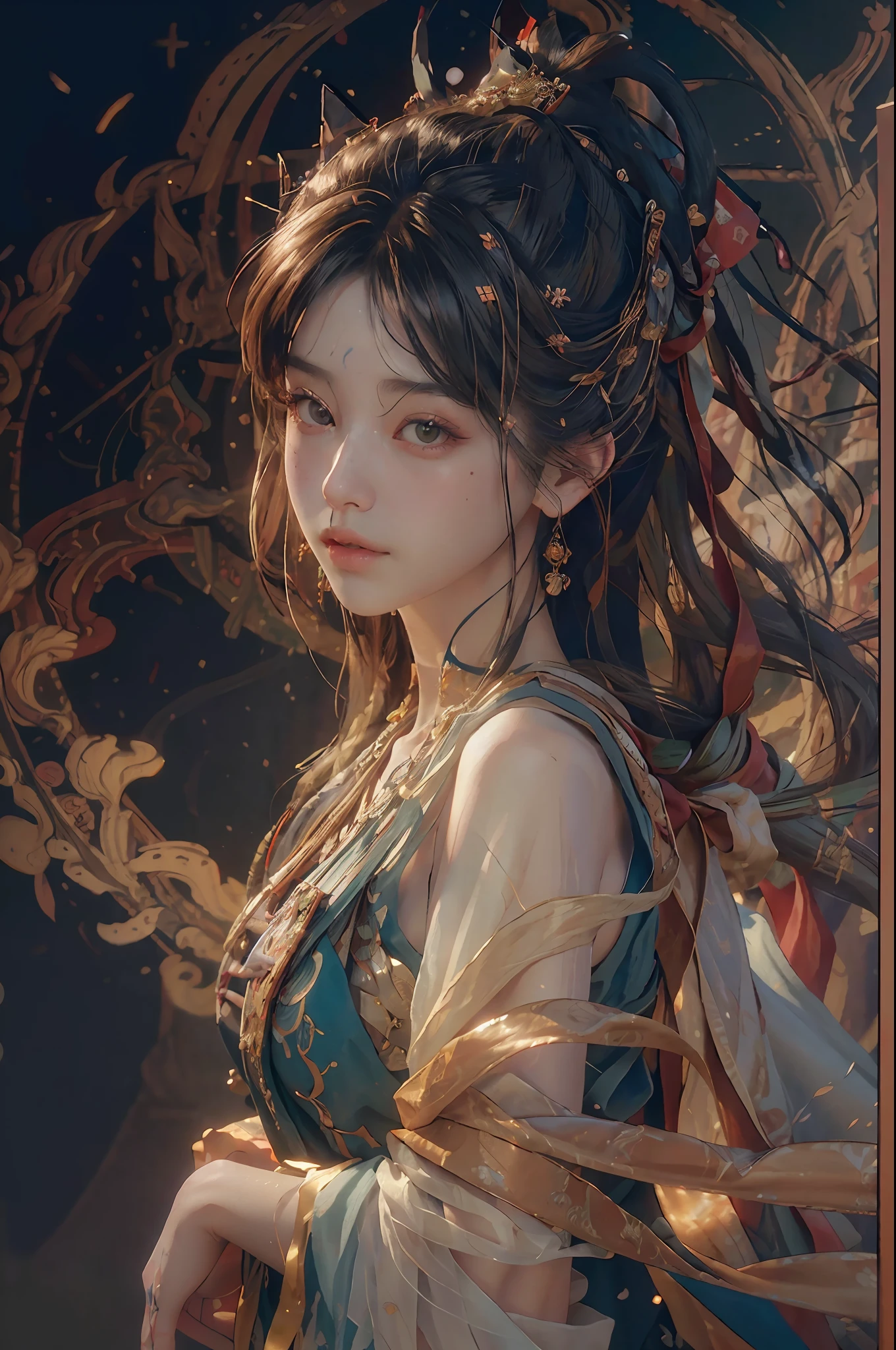 (RAW photo, best quality), (realistic, photo-realistic:1.3),best quality,highly detailed,masterpiece,ultra-detailed,illustration,1girl,upper_body,dynamic angle,world masterpiece theater,messy_long_hair,best quality,extremely detailed CG unity 8k wallpaper,ink,Amazing,cinematic lighting,lens_flare, dunhuang_style