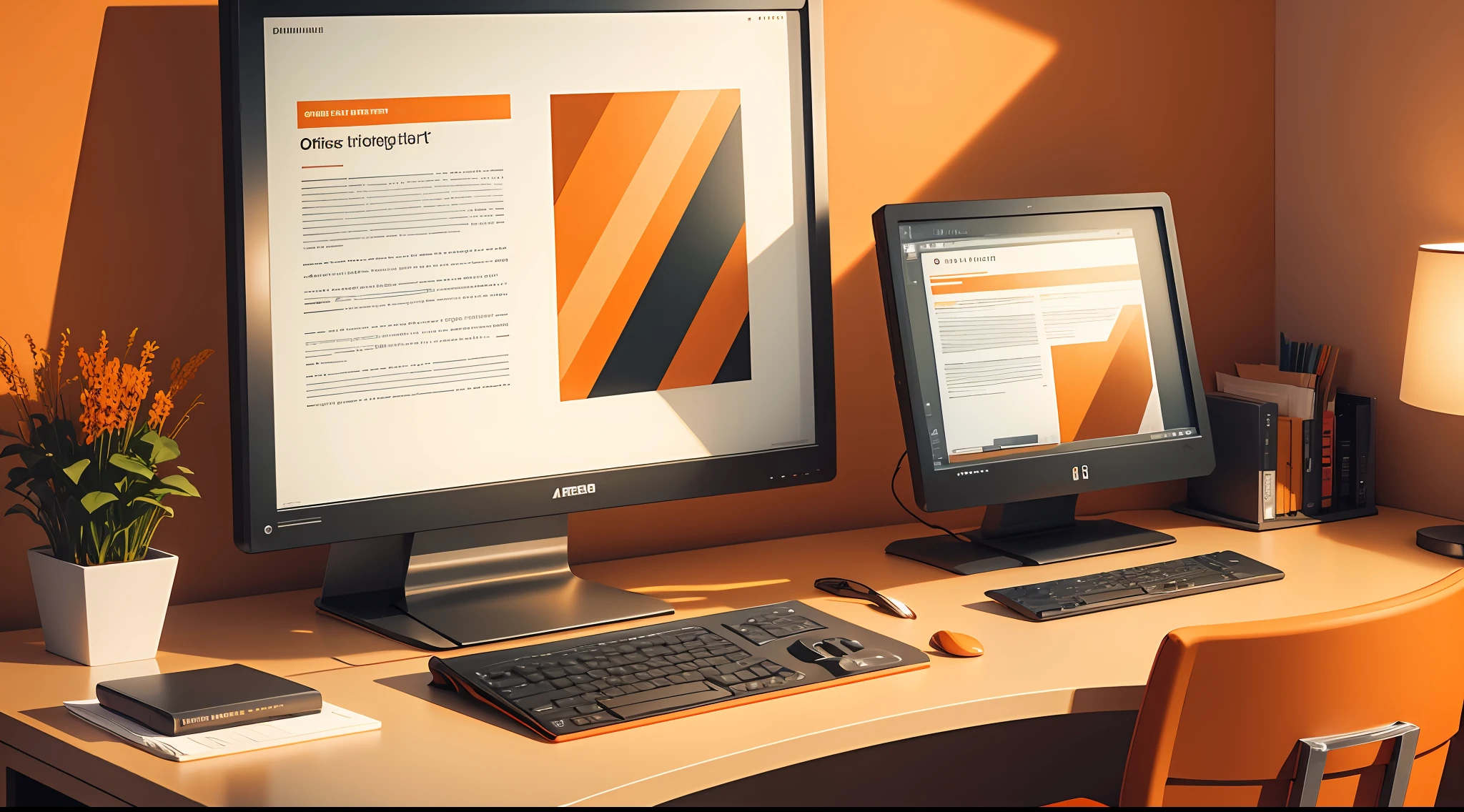 Good lighting, office desk:1.2, paper contract, high-tech computer, folders:0.8) symmetrical art, shades of orange #FA6400. --auto --s2