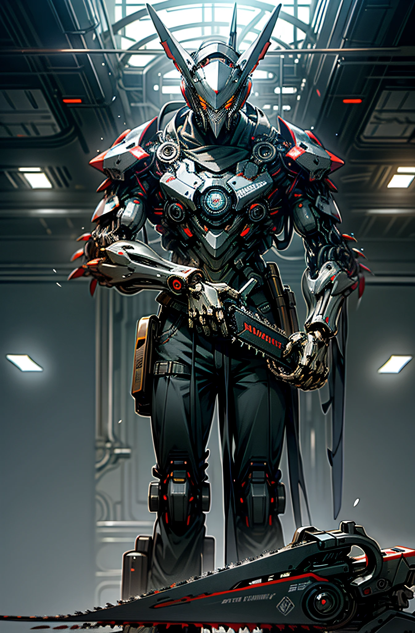 Dark fantasy, cyberpunk, Chainsaw Man, black mech, cold mechanics, mechanical guardian, mechanization, sense of technology.