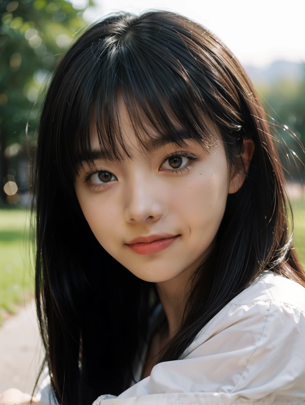 Best quality, masterpiece, ultra high resolution, (smirk: 1.2), (BOBO head: 1.3), (waist up: 1.3), (film grain: 1.4), digital photography, bangs, cinematic lighting, (Fuji: 1.2), portrait, clear pores, 1 girl, looking at the viewer, simple background (realistic: 1.2), natural light, outdoors