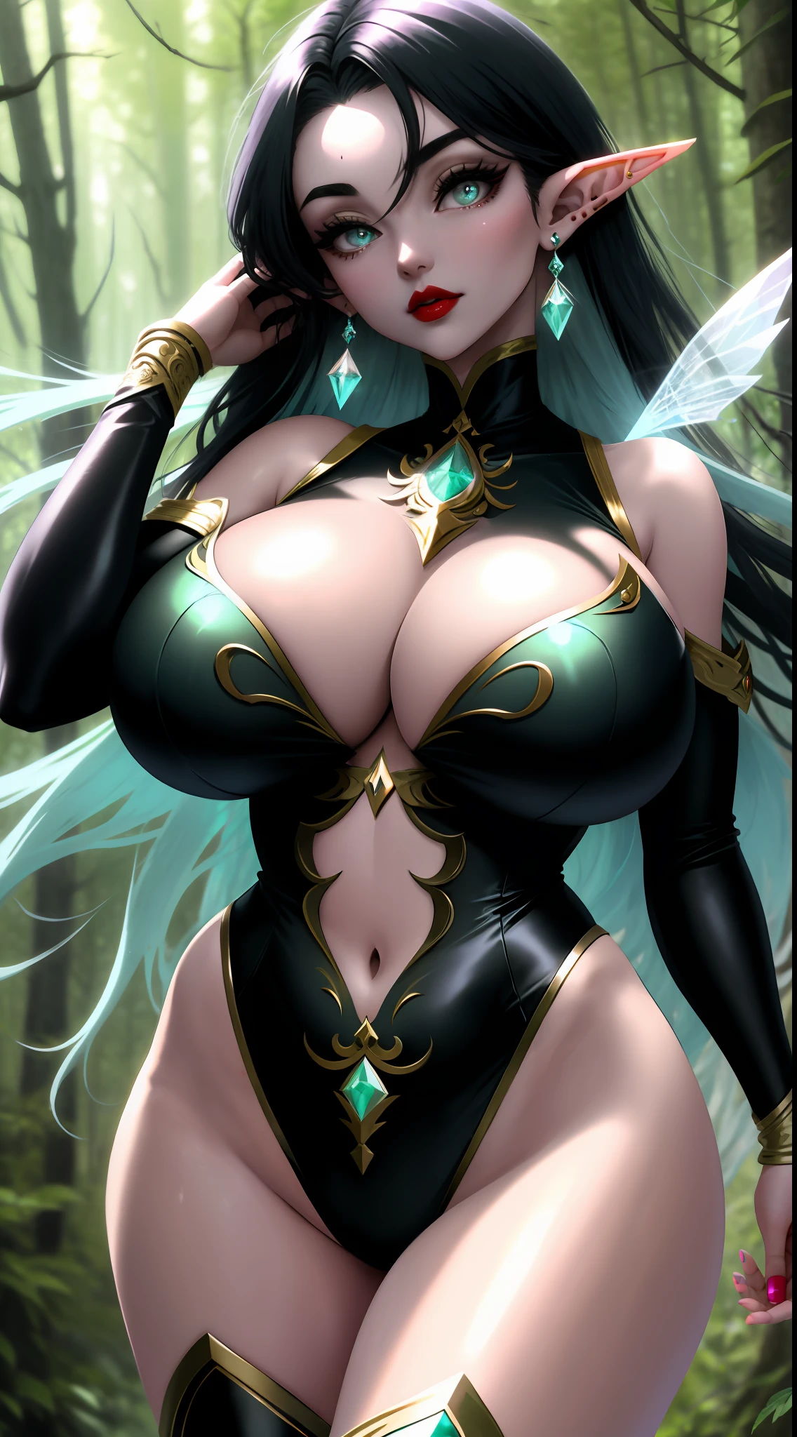 sfw(Ultra Quality,Unparalleled Masterpiece,Ethereal:1.4)(Gigantic Breasts:1.6)(breasts squeeze: 1.3)(bimbo 1.5)(Disproportional Tits: 1.5) (Perfect-Hyper-Detailed Eyes),(Anime:1.2)(Absurdres:1.4)4K,Ultra-Detailed,((intricate Detailed Beautiful Adult Face)), Expression Slutty,Adult,(Solo:1.4)1Girl(Standing:1.2),(Cerestia of Life e celestine lucullus fused),Elf,Pointed ears,Intricate body details (Milf: 1.5)(Curvy:  1.2)Medium Waist, (Voluptuous: 1.3),(Curvitory: 1.3),Short Black Hair,Seductive Stance,Sexy Pose,Seductive[[[[Intricate-Perfect-Fingers-on-Hands]]]] {Mint Eyes},Lips swollen red lipstick,(black platform boots),Nature, Forest, (hands behind back)