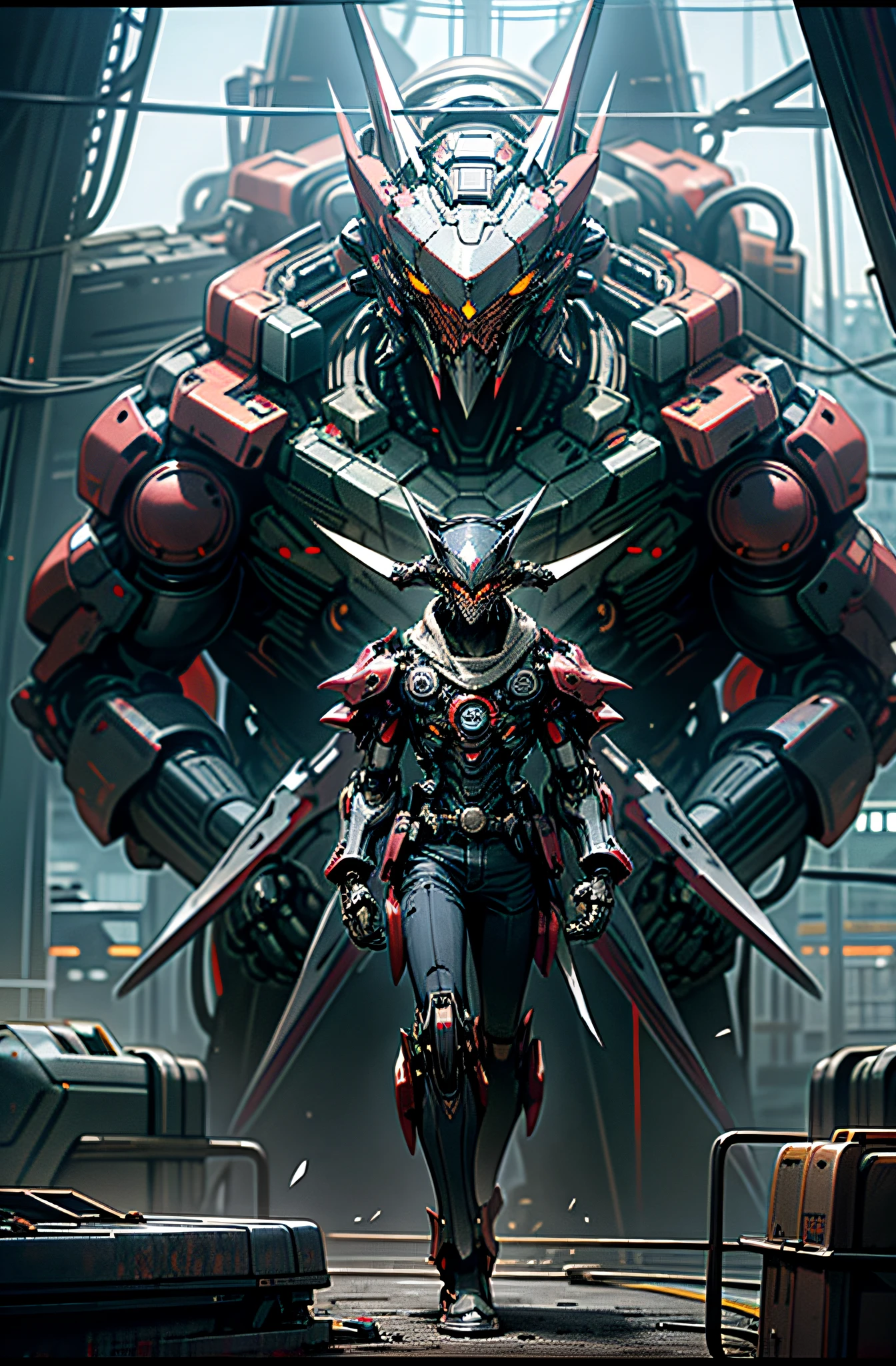 Dark fantasy, cyberpunk, Chainsaw Man, black mech, cold mechanics, mechanical guardian, mechanization, sense of technology.