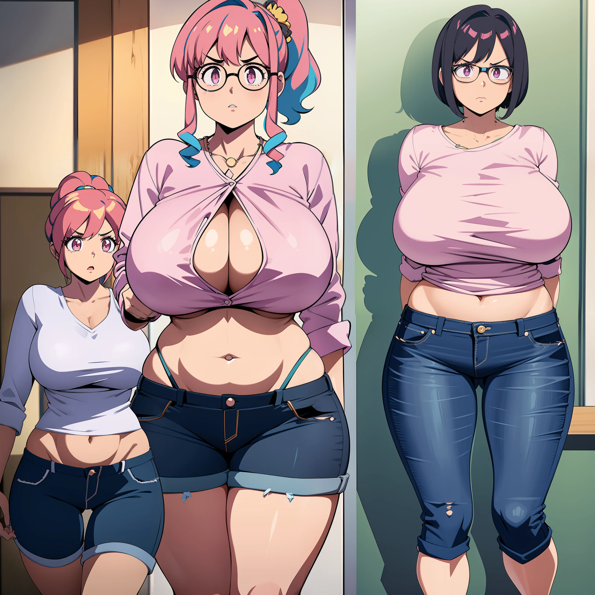 sequence in the same image, showing a girl with short black hair wearing glasses she is in jeans and tight pink shirt, in the first image girl with thin body and small breasts seems to be having belly pain, the second image is a focus on her breasts that are starting to grow and tear the pink shirt, the third image shows the girl's hip expanding and almost tearing the jeans, in the fourth image we see the girl transformed with giant and exaggerated breasts with the thinnest waist wide and large hips and the very tight and torn clothes, she is with expression of astonishment, art in anime style 80s, 80's retro anime, solid colors and solid shading