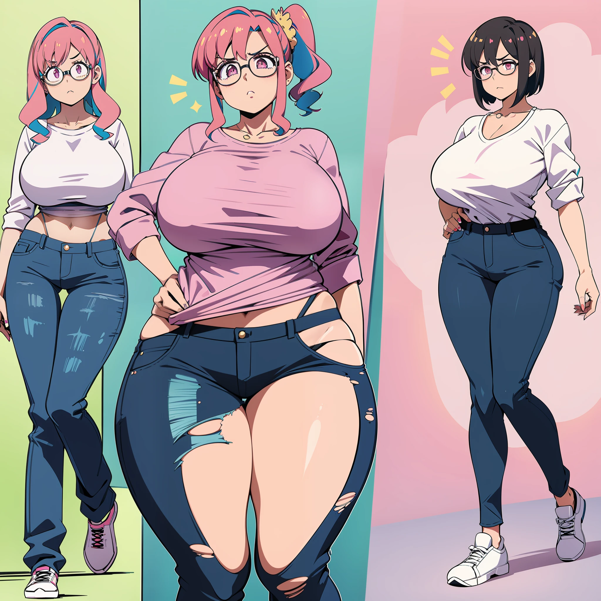 sequence in the same image, showing a girl with short black hair wearing glasses she is in jeans and tight pink shirt, in the first image girl with thin body and small breasts seems to be having belly pain, the second image is a focus on her breasts that are starting to grow and tear the pink shirt, the third image shows the girl's hip expanding and almost tearing the jeans, in the fourth image we see the girl transformed with giant and exaggerated breasts with the thinnest waist wide and large hips and the very tight and torn clothes, she is with expression of astonishment, art in anime style 80s, 80's retro anime, solid colors and solid shading