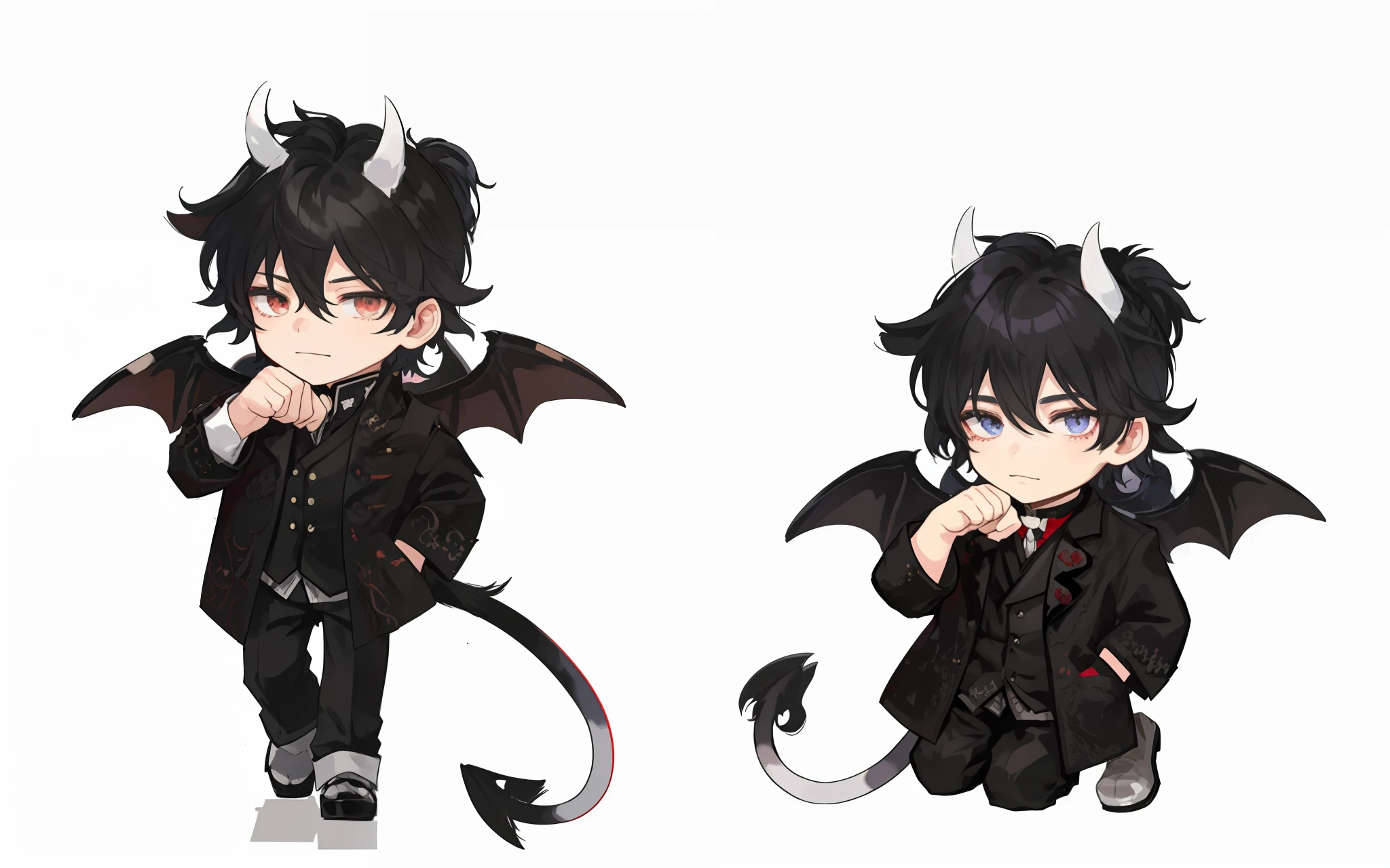 a closeup of an improved image, a person with horns, , demon dream dapper, full body sprite, inspired by Okumura Masanobu, demon, cute japanese demon boy, demon boy, with black horns instead of ears, visual novel sprite, male demon, emo boy with cat ears and tail, demon mika kurai