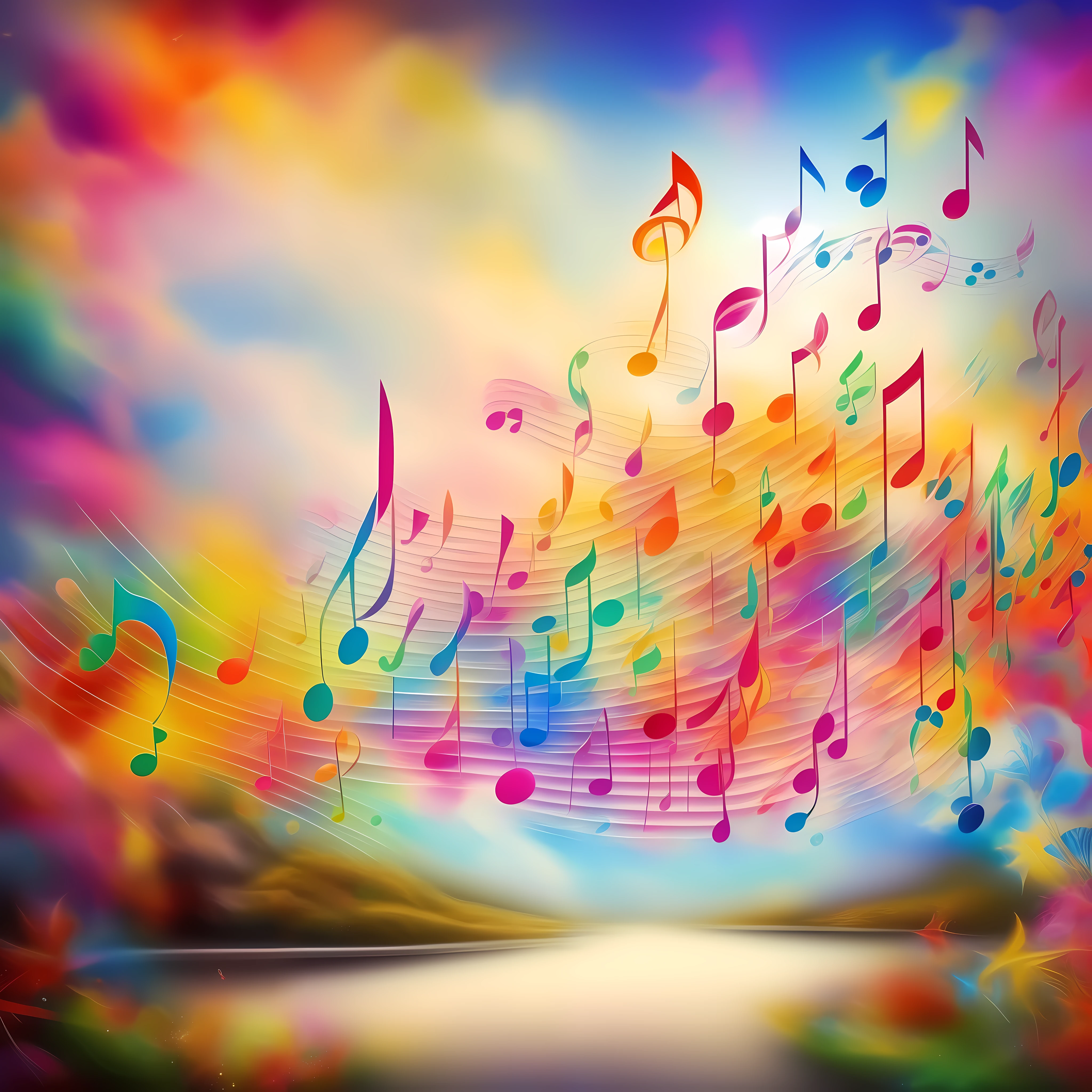 a drawing of colorful musical notes, behind a romantic landscape, Synesthesia