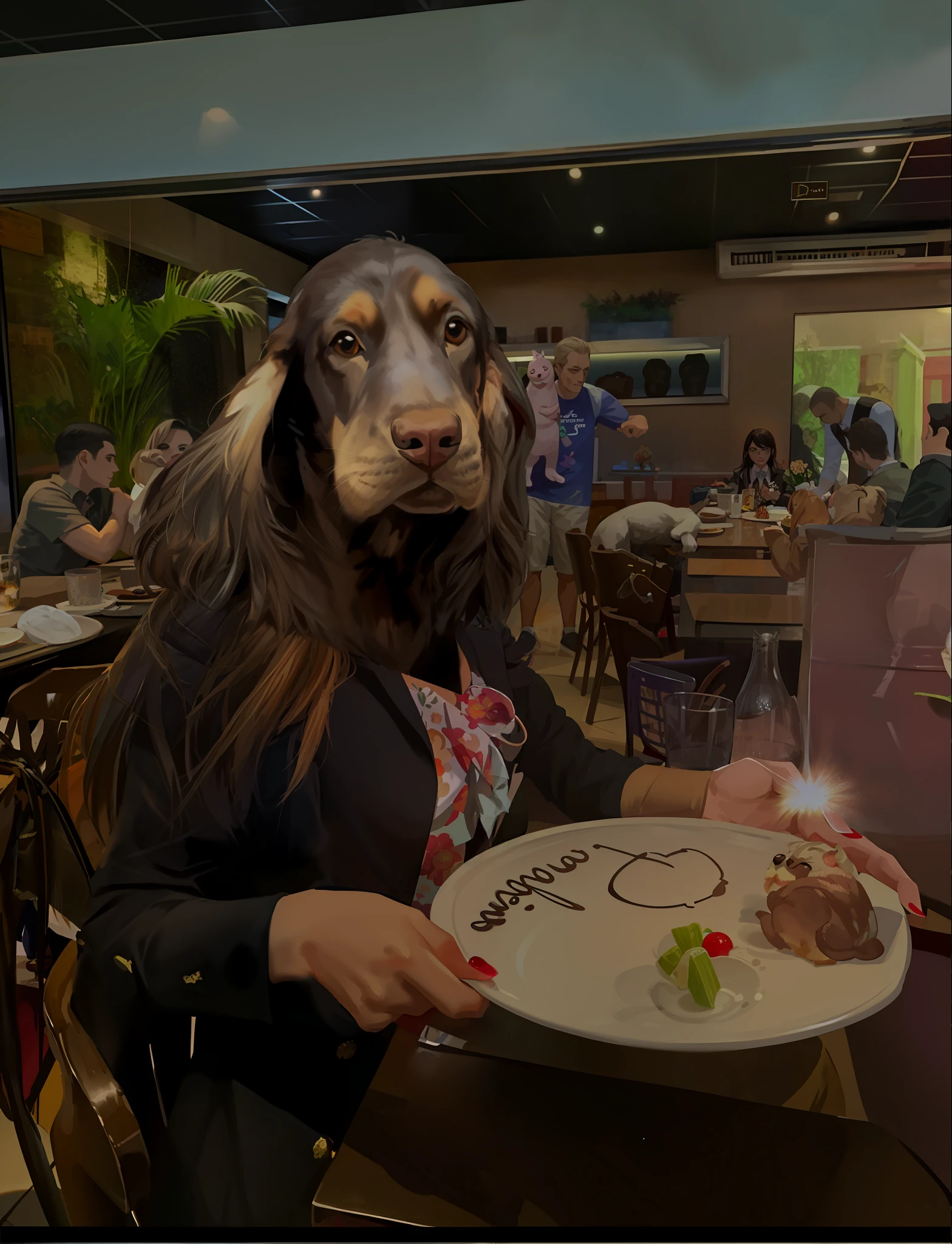 there is a woman holding a plate with a dog on it, anthropomorphic dog eating, very very realistic, very realistic, very very surreal, having an awkward dinner date, large portrait, celebrating a birthday, very very very realistic, really realistic, looks realistic, an ultra realistic, amazingly composed image, bojack horseman in real life
