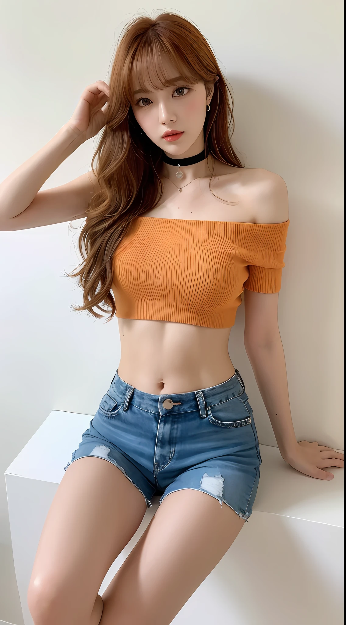 ((Day, Real Light, Top Quality, 8K, Masterpiece: 1.3)), 1 girl, Slender Figure: 1.4, Abs: 1.0, Buttocks 1.5, (Orange Wavy Hair, Beautiful: 4,0), White Shorts: 1.2, Off Shoulder, White Studio, Ultra Detailed Face, Detailed Eyes, Double Eyelids, Navel Out, With Bangs, Pin Heels, Choker, Navel