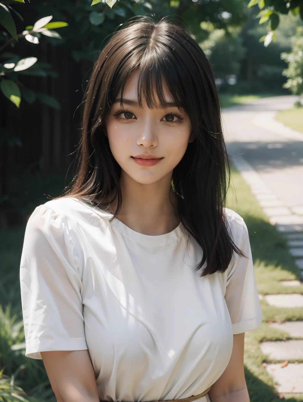 Best quality, masterpiece, ultra high resolution, (smirk: 1.2), (BOBO head: 1.3), (waist up: 1.3), (film grain: 1.4), digital photography, bangs, cinematic lighting, (Fuji: 1.2), portrait, clear pores, 1 girl, looking at the viewer, simple background (realistic: 1.2), natural light, outdoors
