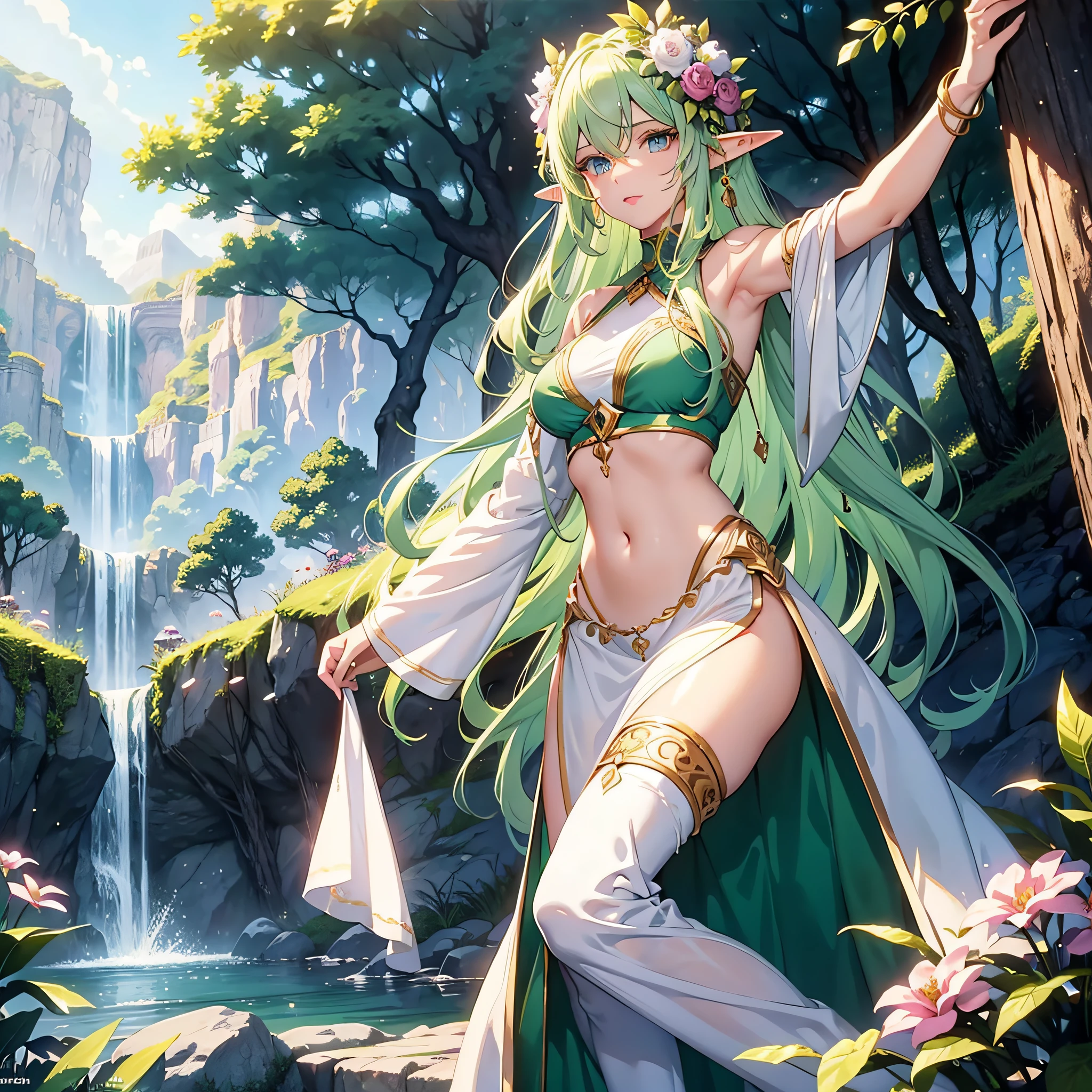 1 elf of 30 years, with long light green hair, blue eyes like those of a river, pink lips, tall physique, slim body, wide hip, cheerful, ornament of flowers on the head, white skirt, emerald stones, in the elven forest