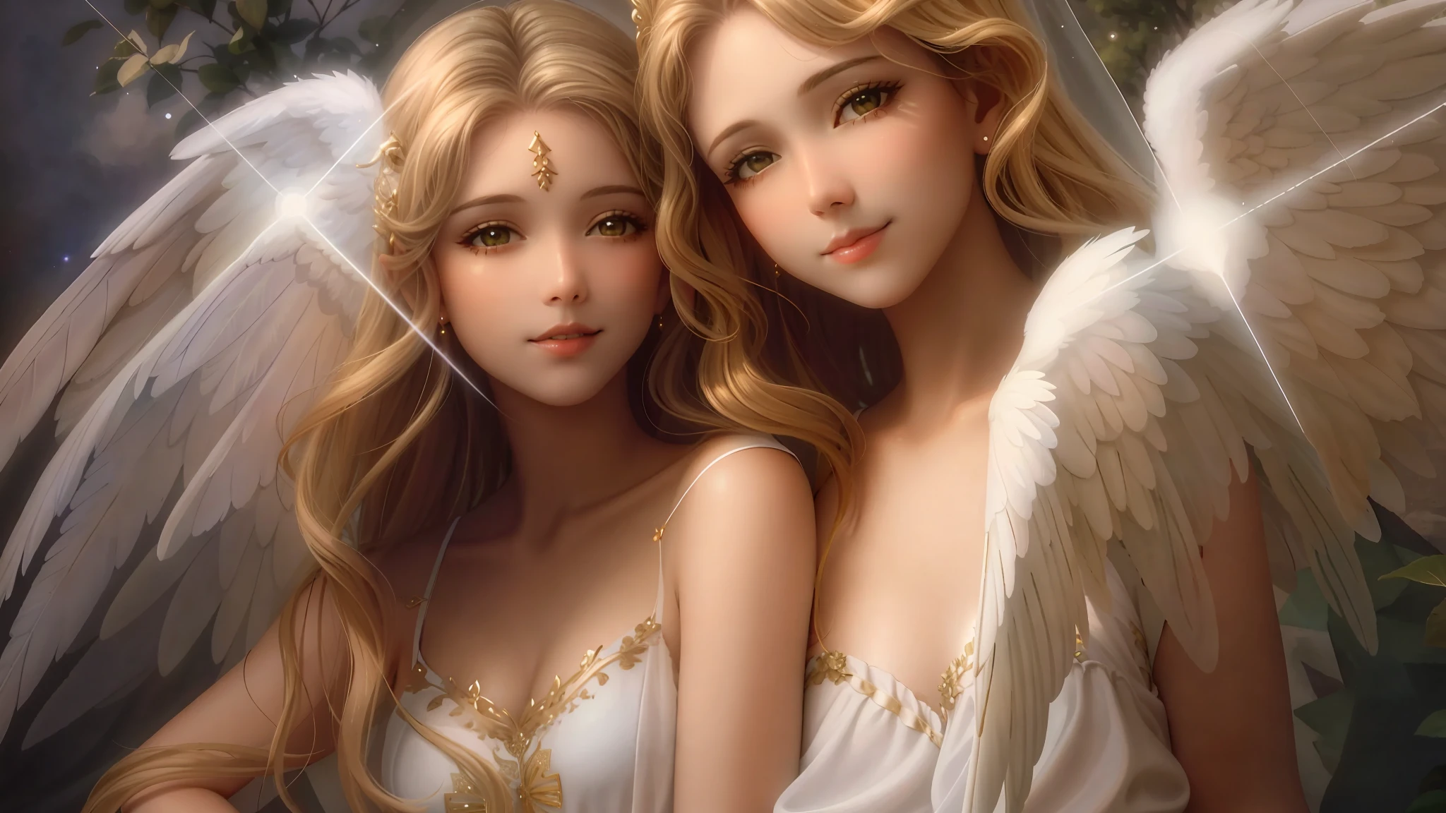 two beautiful young women dressed in white with angel wings, 2 angels, beautiful gemini good and evil, beautiful gemini twins portrait, beautiful gemini twins, angels, beautiful painting of friends, beautiful angel, of beautiful angel, beautiful female angel, of an beautiful angel girl, angels in white gauze dresses, beautiful fairies, beautiful fantasy art portrait, beautiful angel girl portrait --auto --s2