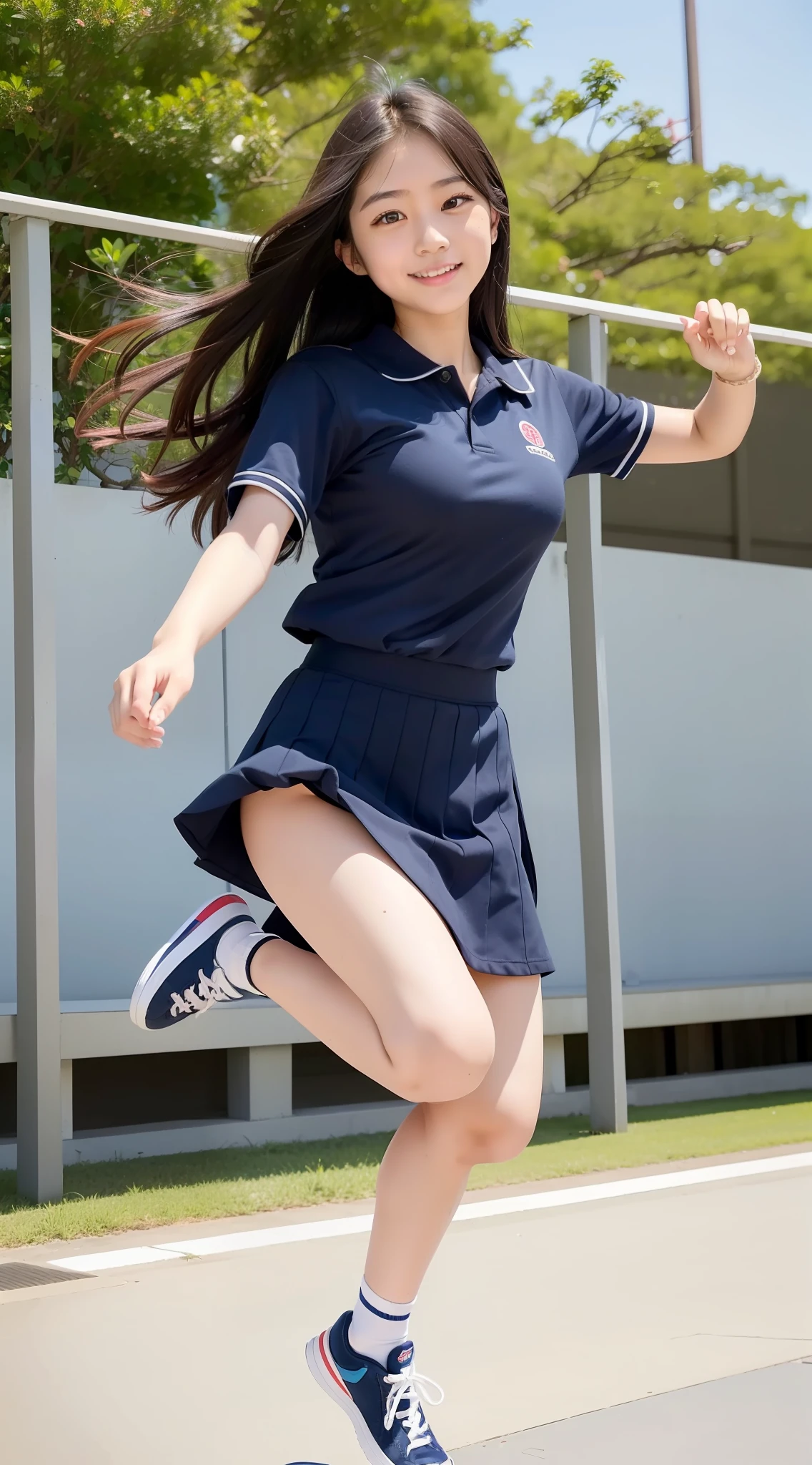 Japan girls, 18 year old girls, wavy little long hair, black hair, brown eyes, small breasts, perfect figure, perfect skin, school uniform, light blue shirt, navy blue skirt, underwear, panchira, sneakers, feeling jumping and bouncing happily, jumping, beach,