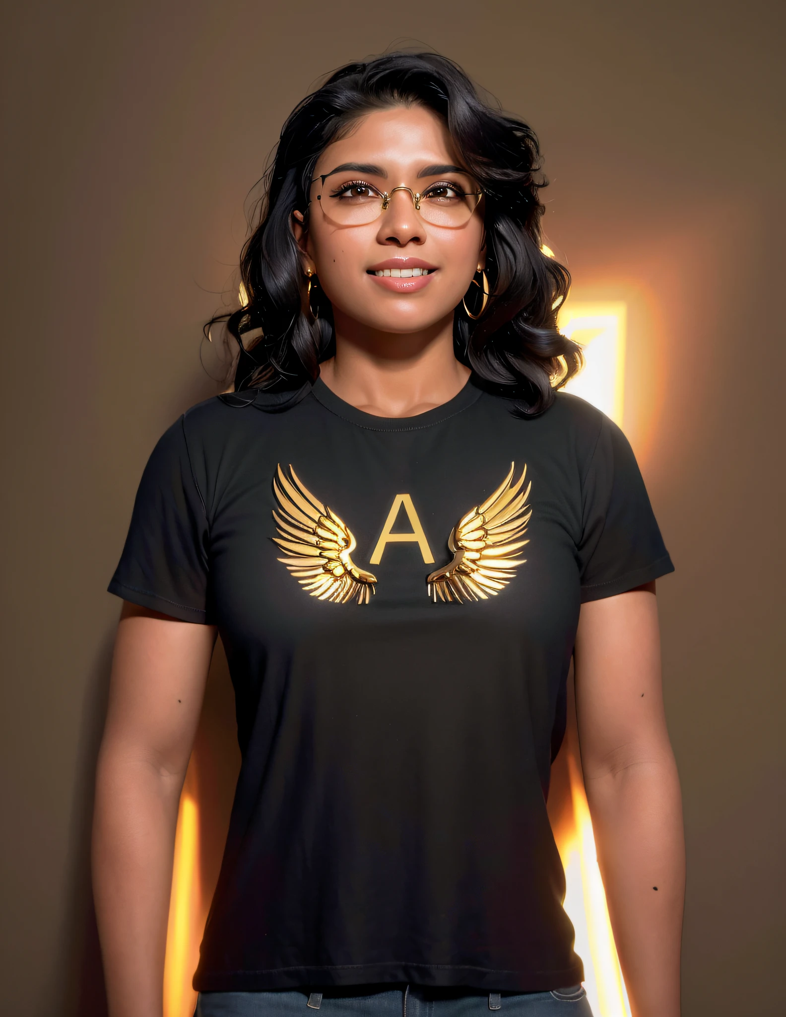 a 29-year-old brown woman with glasses, shoulder hair, earrings, wearing a black shirt with golden wings, golden wings, letter a, athena, by Almeida Júnior