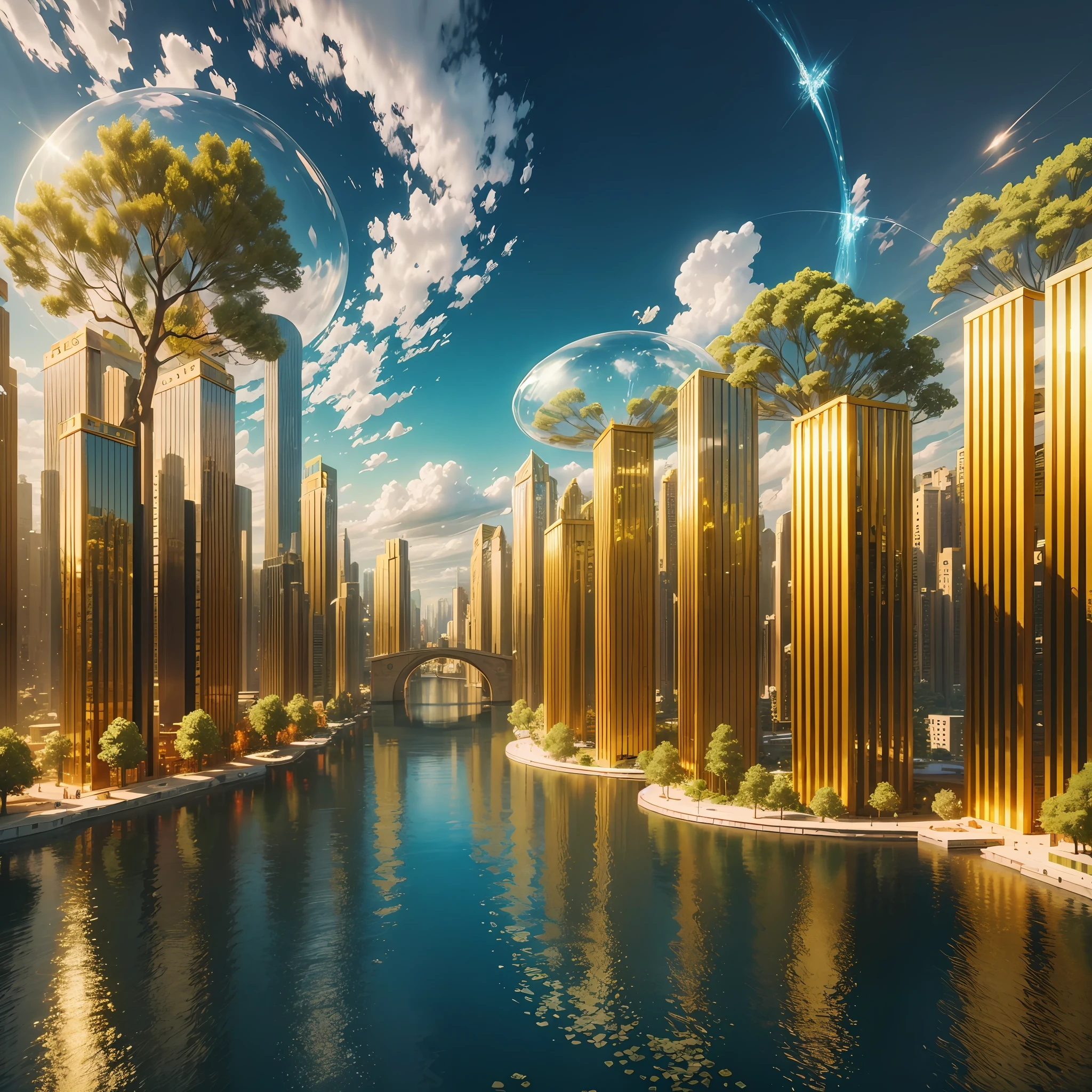 Create the biblical paradise, with floating trees, streets of gold and crystal, streets and houses of gold, lakes in the middle of the city, 4K, cinematic --auto --s2