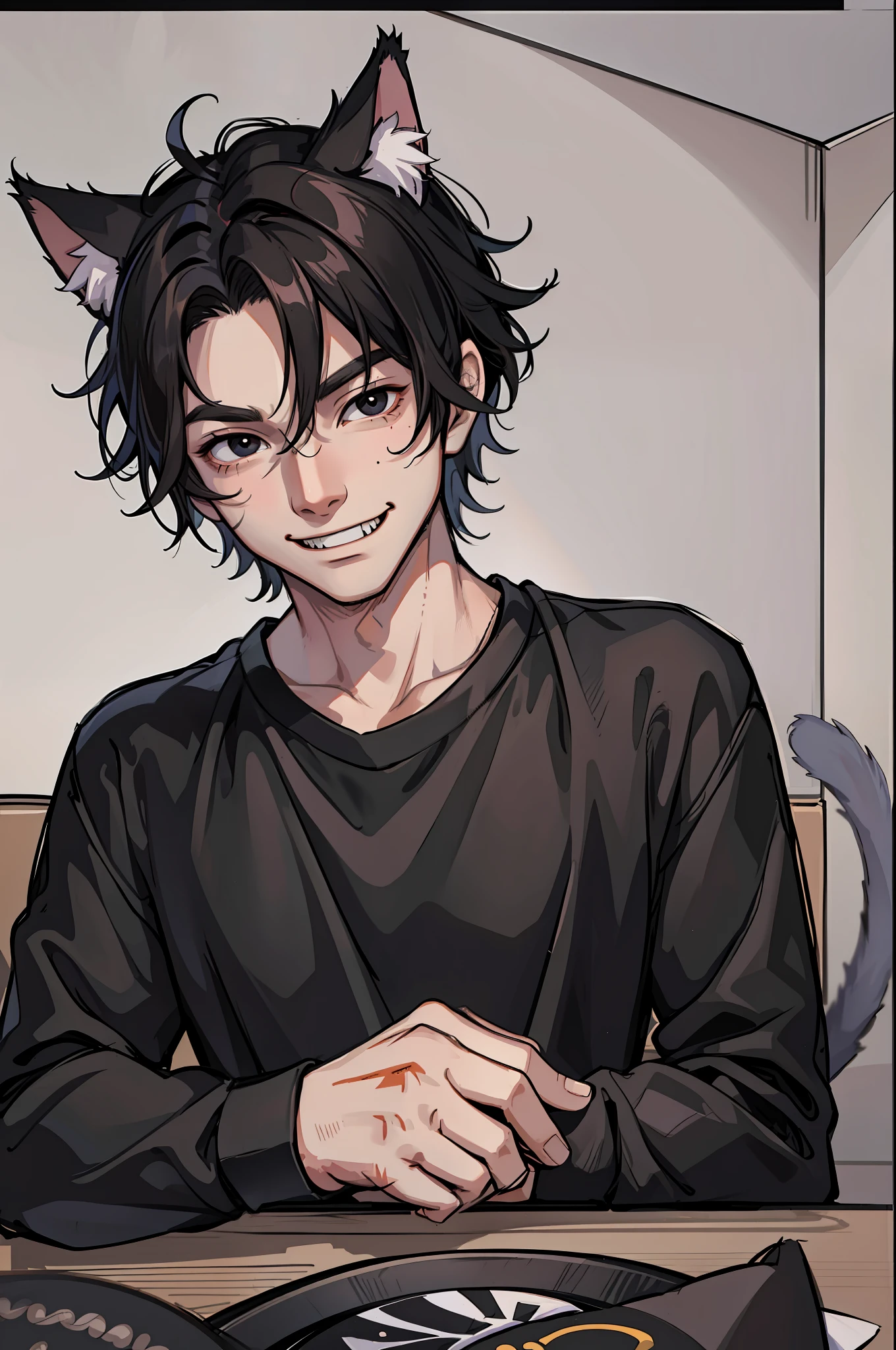 (masterpiece, best quality), 1 male, teen, cat ears, cat tail, athletic body, black eyes, messy black hair, evil smile, black shirt, portrait