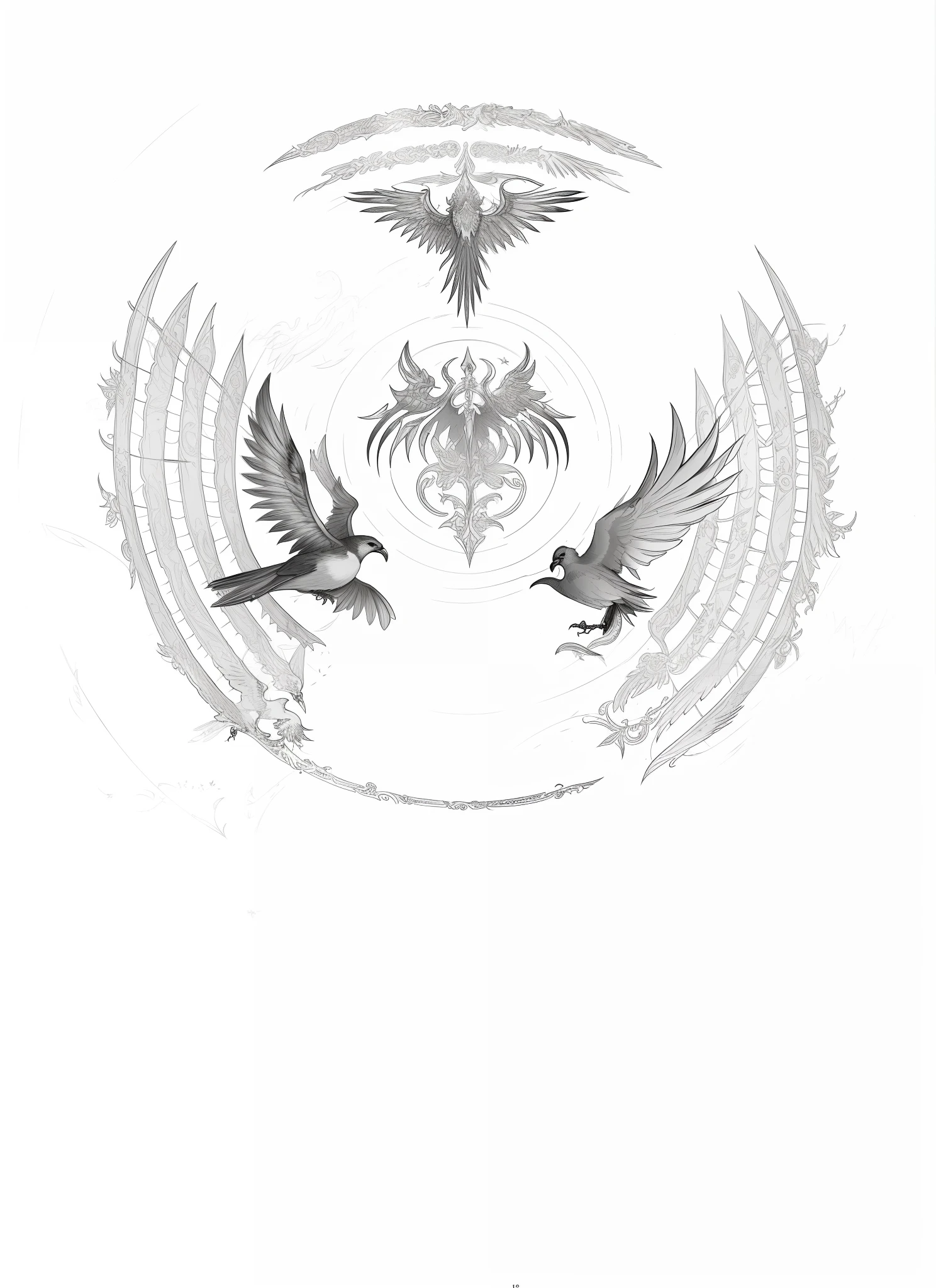 there are two birds flying in the air with wings, lithoraph engraving, tattoo design, intricate devilish designs, detailed linework, linework, extremely detailed linework, highly detailed linework, dark linework, grimoire page, seraphim, concept tattoo design, tattoo design sketch, detailed line work, with wings. ultra-detailed