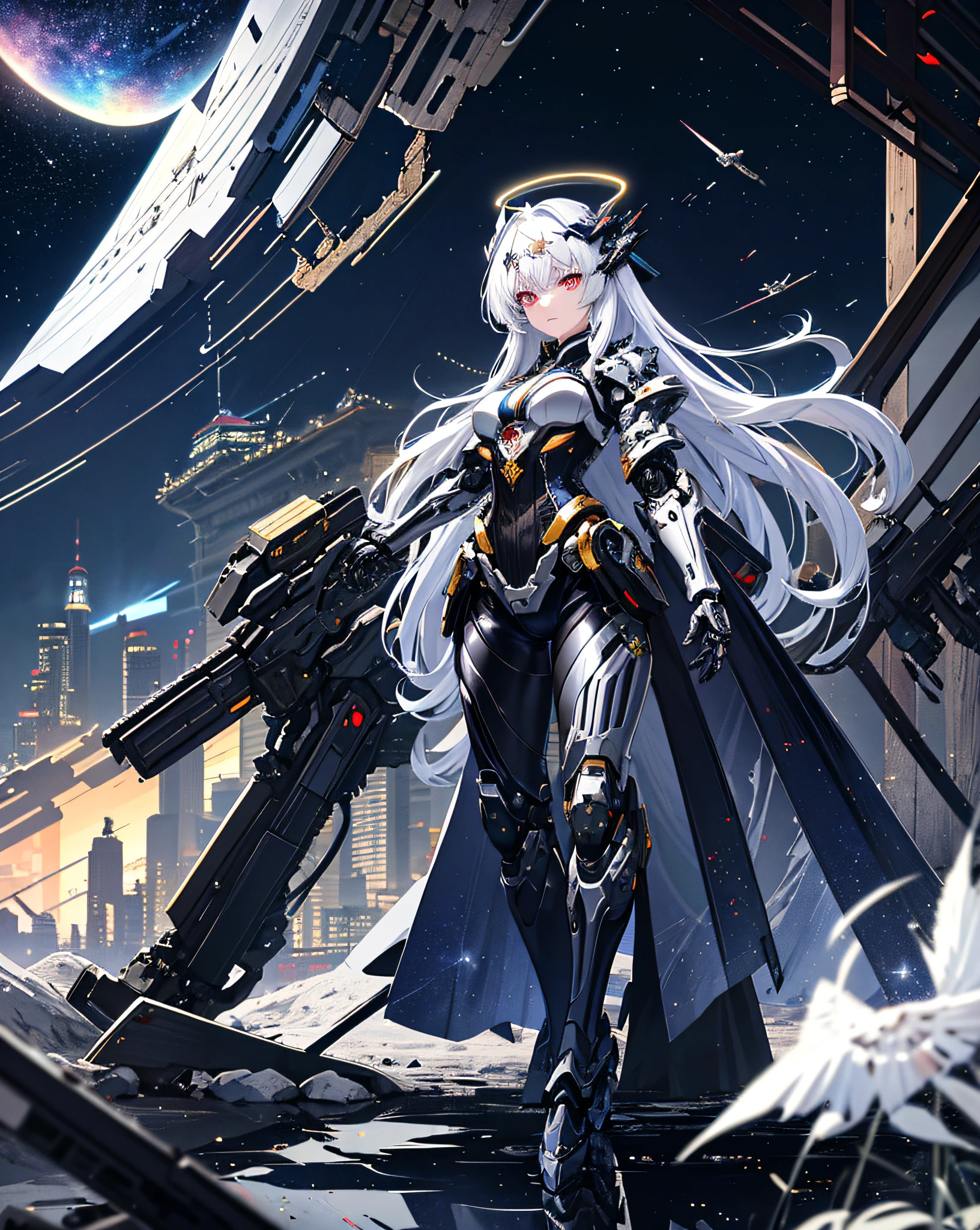 Masterpiece, best quality, super detailed, very detailed illustrations, very detailed, intricate details, high resolution, super complex details, very detailed 8k cg wallpaper, denim lens, caustics, reflections, ray tracing, demon theme, nebula, dark aura, network effects, (1girl:1.4), solo, alone, mecha musume, mechanical parts, robot joints, single mechanical arm, headgear, mechanical halo, star halo, electric mechanical bodysuit, mecha corset, kimono, full armor, very long hair, white hair, hair between the eyes, multicolored hair, colored inner hair, red eyes, glowing eyes, eye tracks, Random expressions, random movements, ancient Japanese buildings, ponds, starry sky, skyline, coldness, war