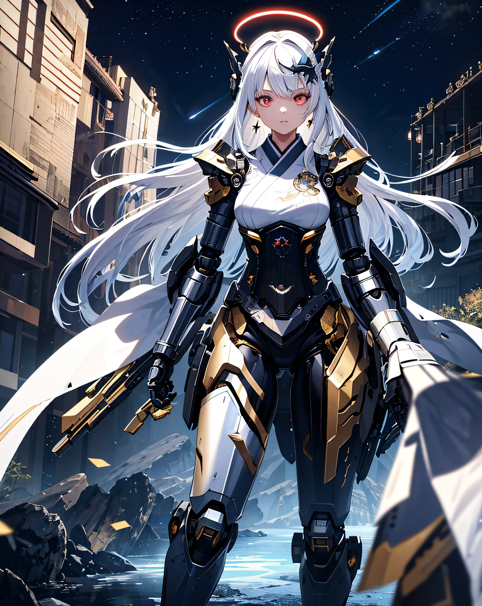 Masterpiece, best quality, super detailed, very detailed illustrations, very detailed, intricate details, high resolution, super complex details, very detailed 8k cg wallpaper, denim lens, caustics, reflections, ray tracing, demon theme, nebula, dark aura, network effects, (1girl:1.4), solo, alone, mecha musume, mechanical parts, robot joints, single mechanical arm, headgear, mechanical halo, star halo, electric mechanical bodysuit, mecha corset, kimono, full armor, very long hair, white hair, hair between the eyes, multicolored hair, colored inner hair, red eyes, glowing eyes, eye tracks, Random expressions, random movements, ancient Japanese buildings, ponds, starry sky, skyline, coldness, war