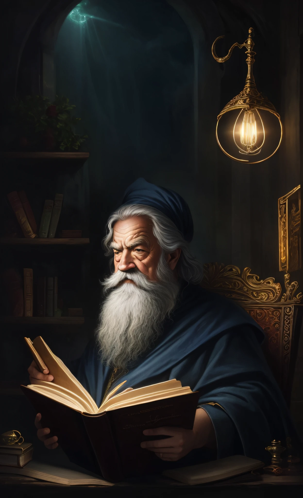 realistic, masterpiece, best quality, wise old wizard reading book, grumpy lighting, brightness, bright, mysterious, mystical, magical, rim lighting