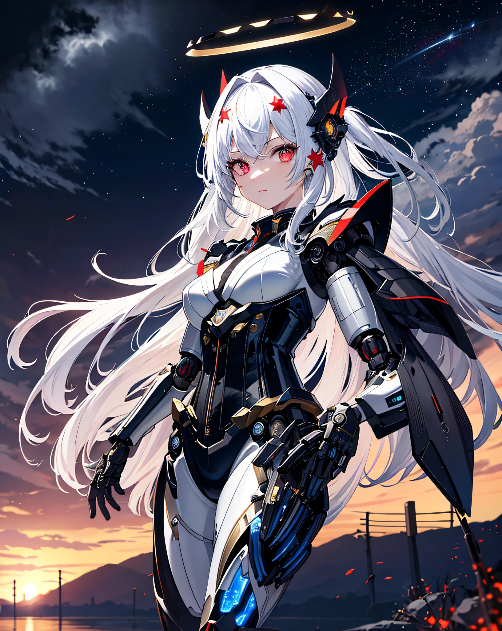 Masterpiece, best quality, super detailed, very detailed illustrations, very detailed, intricate details, high resolution, super complex details, very detailed 8k cg wallpaper, denim lens, caustics, reflections, ray tracing, demon theme, nebula, dark aura, network effects, (1girl:1.4), solo, alone, mecha musume, mechanical parts, robot joints, single mechanical arm, headgear, mechanical halo, star halo, electric mechanical bodysuit, mecha corset, kimono, full armor, very long hair, white hair, hair between the eyes, multicolored hair, colored inner hair, red eyes, glowing eyes, eye tracks, Random expressions, random movements, ancient Japanese buildings, ponds, starry sky, skyline, coldness, war