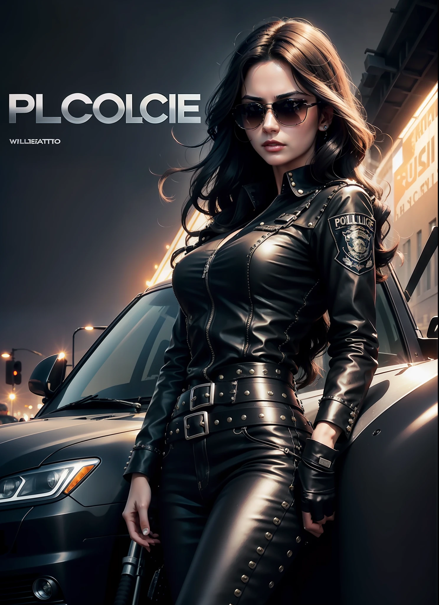 Police movie poster, beautiful woman, medium dark long hair, black sunglasses, black clothes, rivets, cars, airplanes, just one body