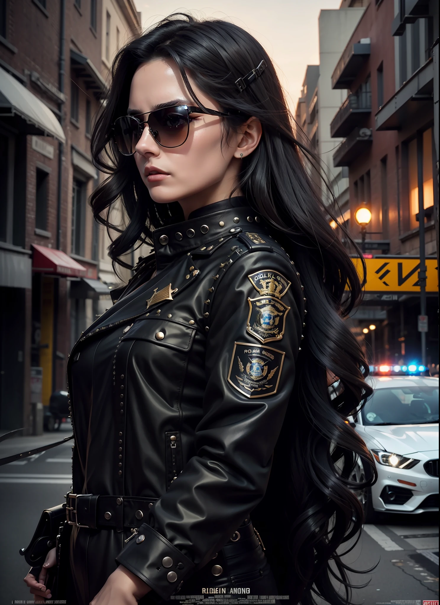 Police movie poster, beautiful woman, medium dark long hair, black sunglasses, black clothes, rivets, cars, airplanes, just one body