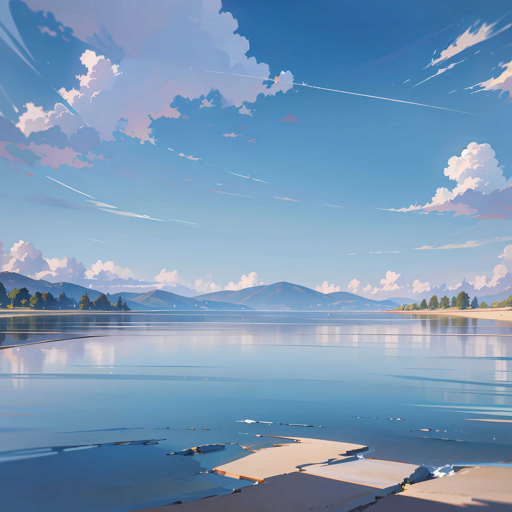 no humans, scenery, vanishing point, from below, masterpiece, best quality, 8k, absurdres, water surface, summer, noon, sunlight, blue sky, perspective, depth of field, highres, finely detail, ultra-detailed, sharp focus --auto --s2