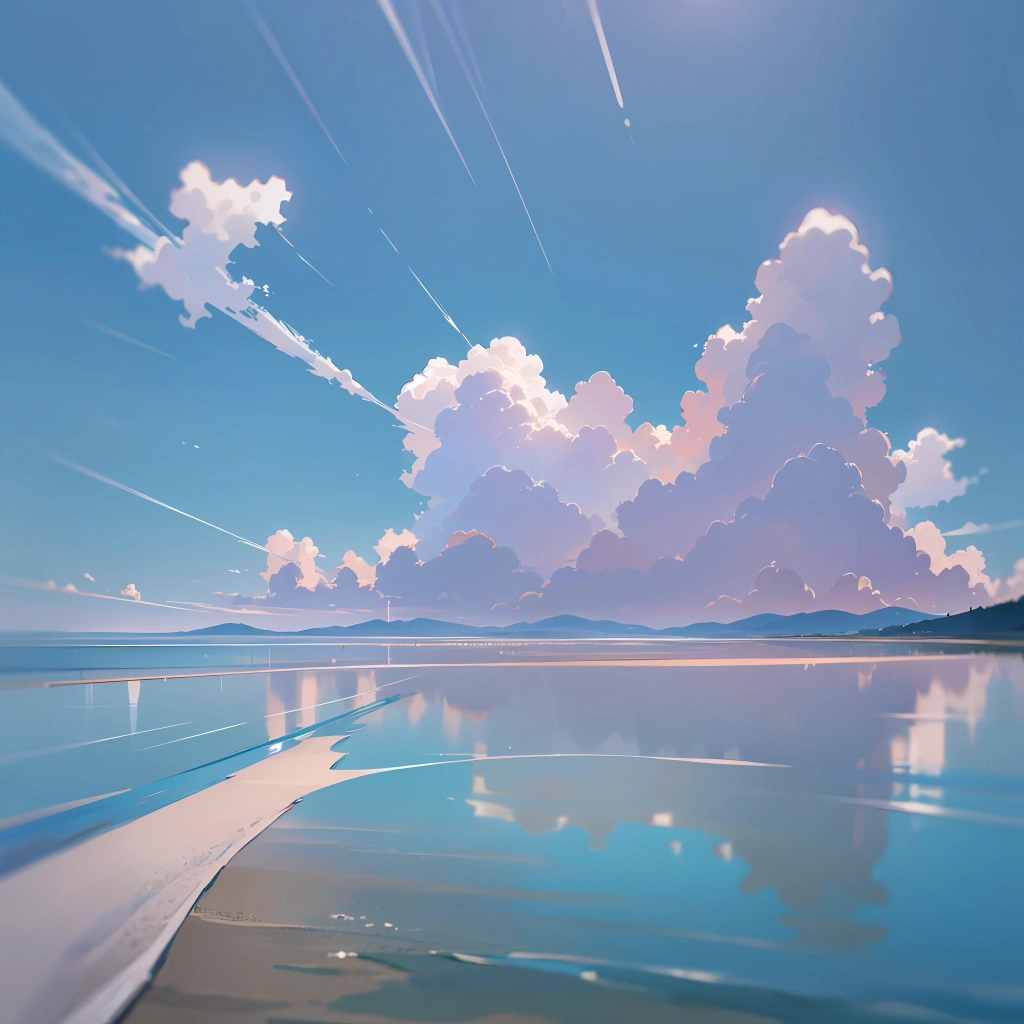 no humans, scenery, vanishing point, from below, masterpiece, best quality, 8k, absurdres, water surface, summer, noon, sunlight, blue sky, perspective, depth of field, highres, finely detail, ultra-detailed, sharp focus --auto --s2