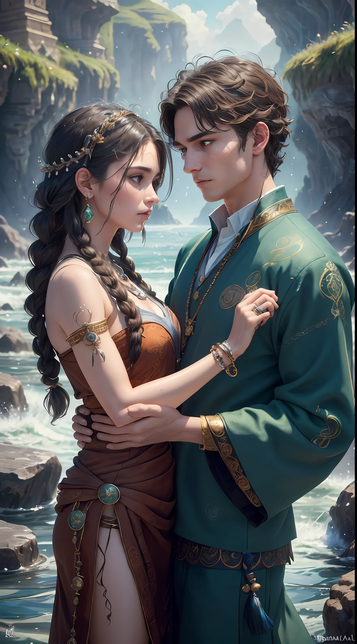 Couple (((male)), fashion shoot, (full portrait), (half), solo, detailed background, detailed face, (stonepunkAI, stone theme:1.1), wise, (beautiful hair, braid: 0.2), shaman, septum harsh, mysterious, (gorgeous face), stunning, head tilted up, (calm expression), calm, intimate interaction, sea bubble green worn clothes, rosary, Tribal ornaments, feathers in hair, headdress: 0.33, emerald, obsidian, detailed clothes, realistic skin texture, (floating particles, water swirls, embers, rituals, whirlwinds, wind: 1.2), clear focus, volumetric lighting, good highlights, good shadows, subsurface scattering, complex, highly detailed, ((film)), dramatic, (highest quality, award-winning, masterpiece: 1.5), (realism: 1.5),