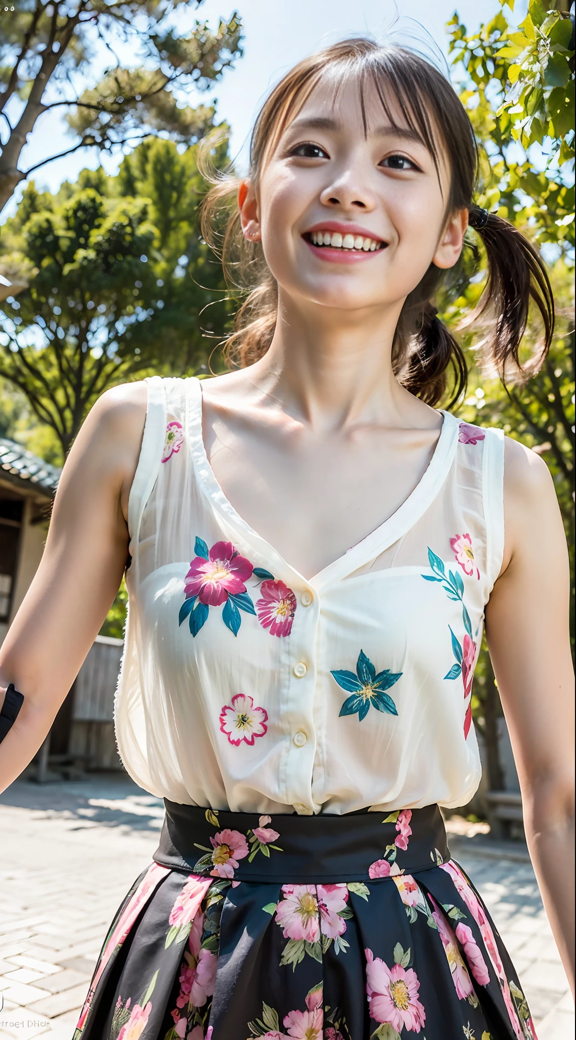 (Best Quality), (Raw Photo), 10yo, (Japan girls 10 years old), (Cute Childlike Face), (Flat Chest),
cute lips,
dynamic lighting,
laugh
flat bangs, (from below),
pony tails, parks,
(floral sleeveless blouse), (floral print skirt)、